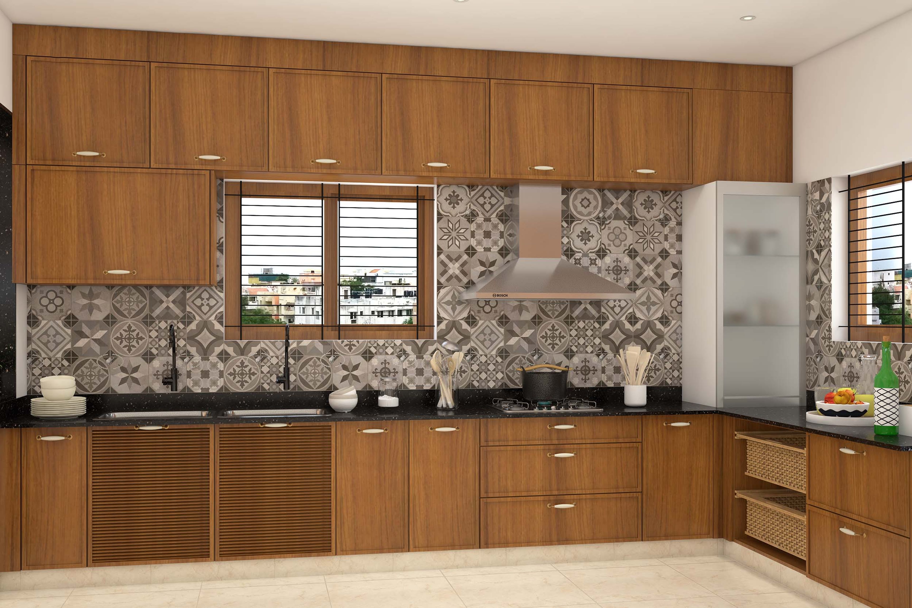 Classic Modular L-Shaped Kitchen Design In Wood