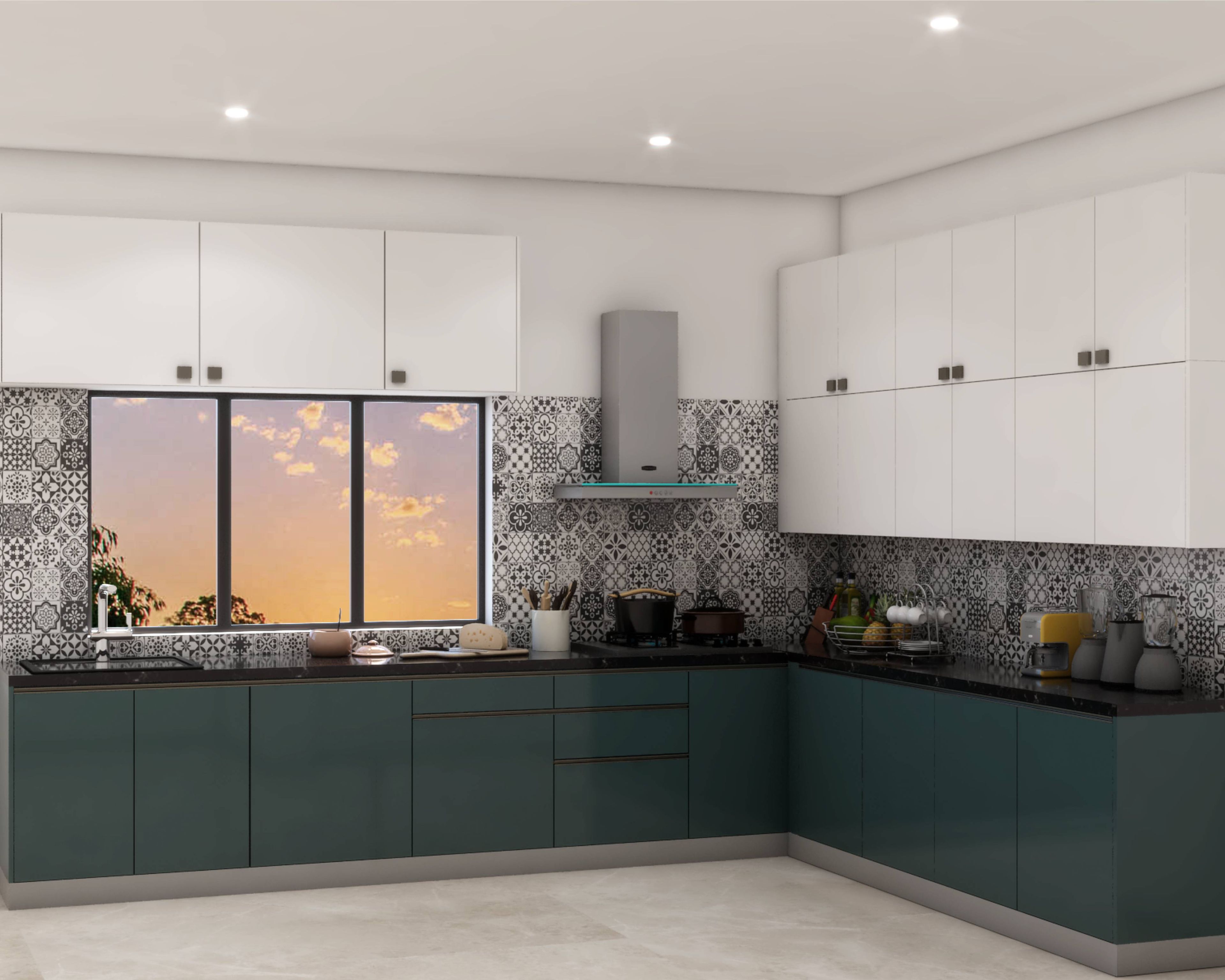 Modern L-Shaped Kitchen Design With Shore And White Cabinets