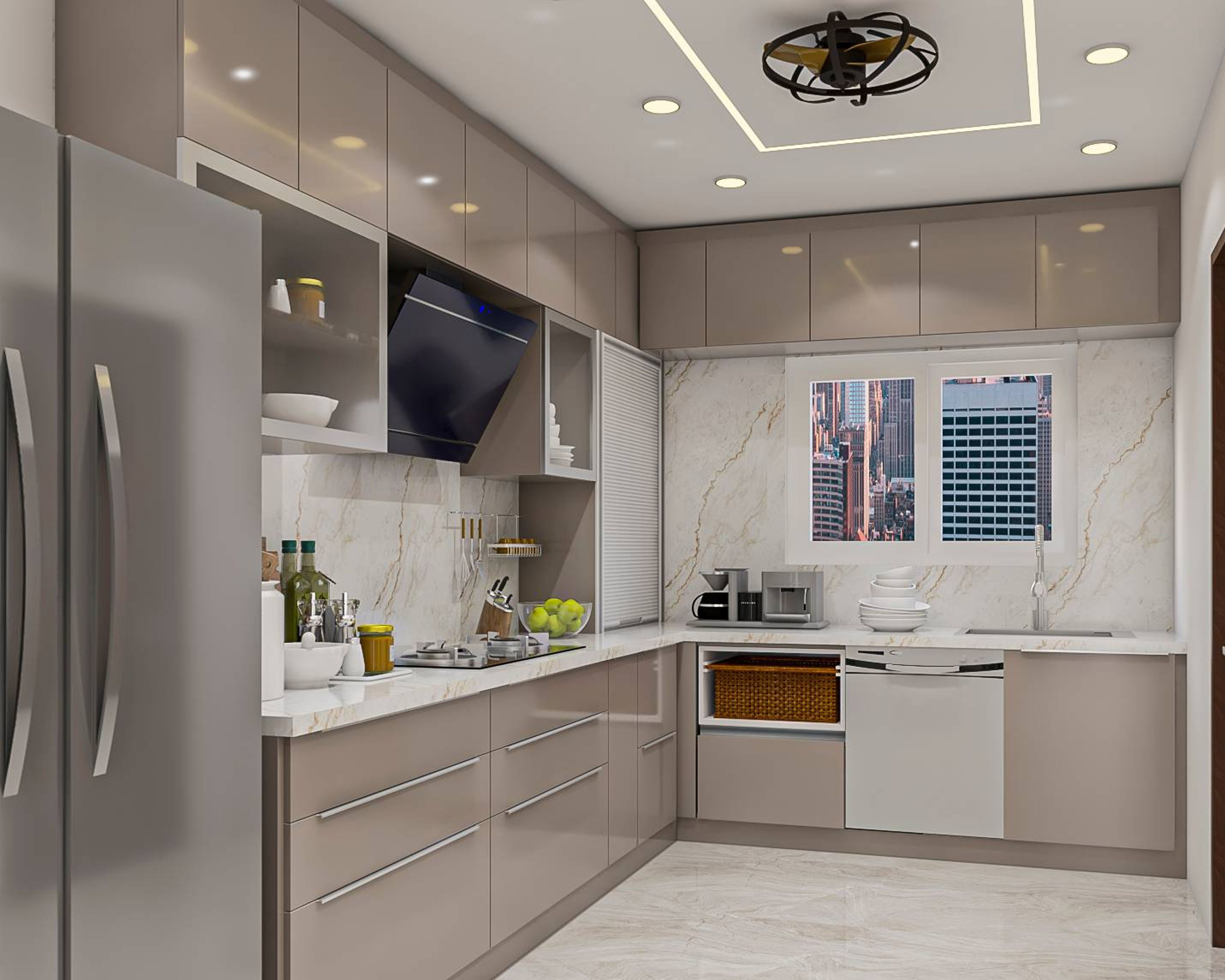 Modern L-Shaped Kitchen Design With Beige Cabinets