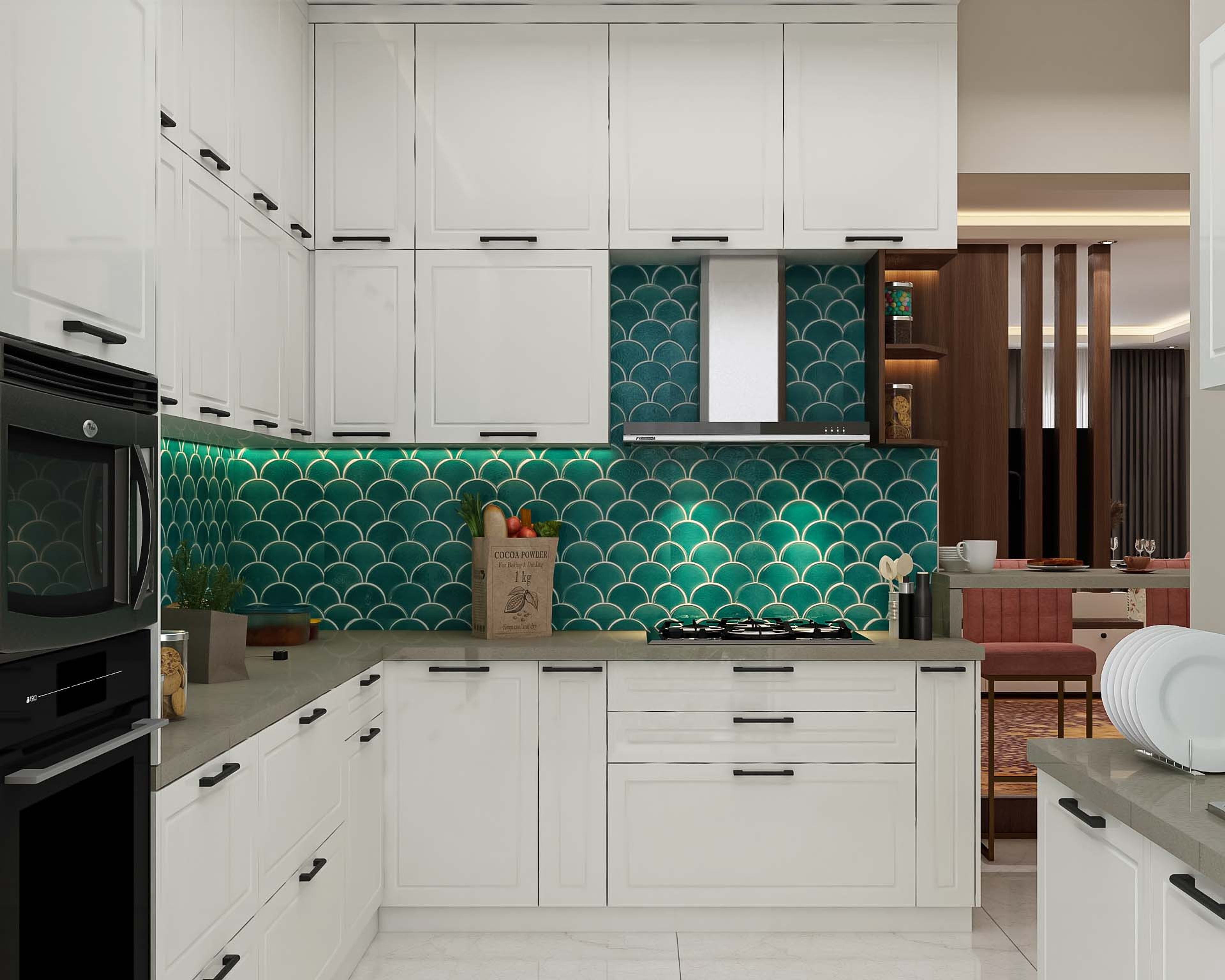 Modern White And Sea Green Indian Kitchen Design With Kitchen Triangle