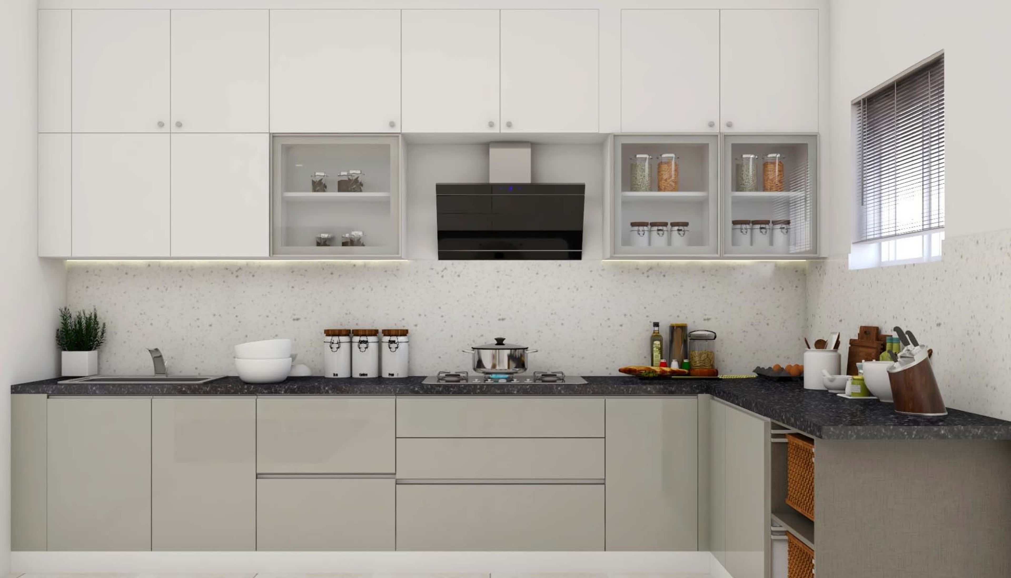 Contemporary U-Shaped Beige And White Modular Kitchen Design
