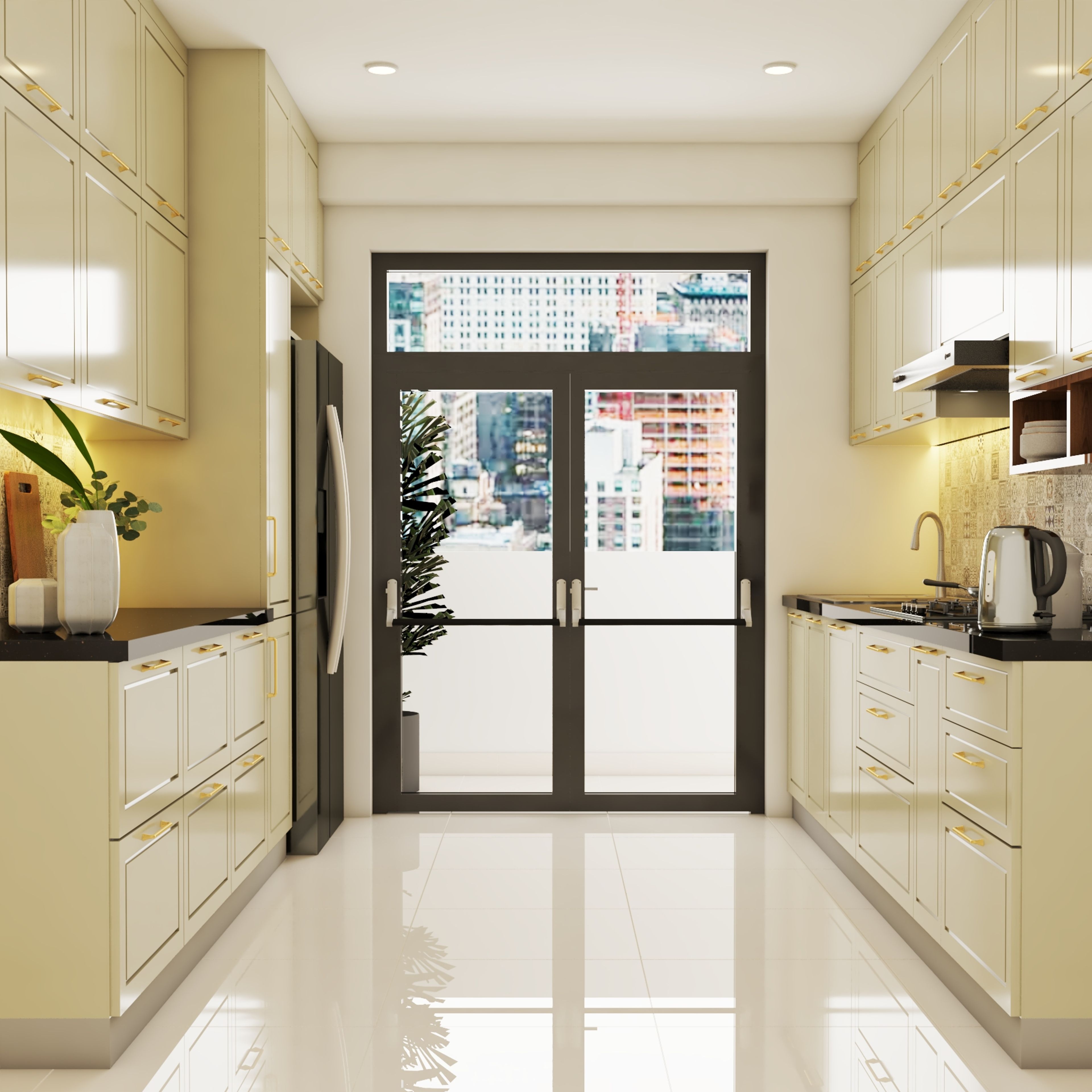 Modern Parallel Kitchen Design In Beige And Black