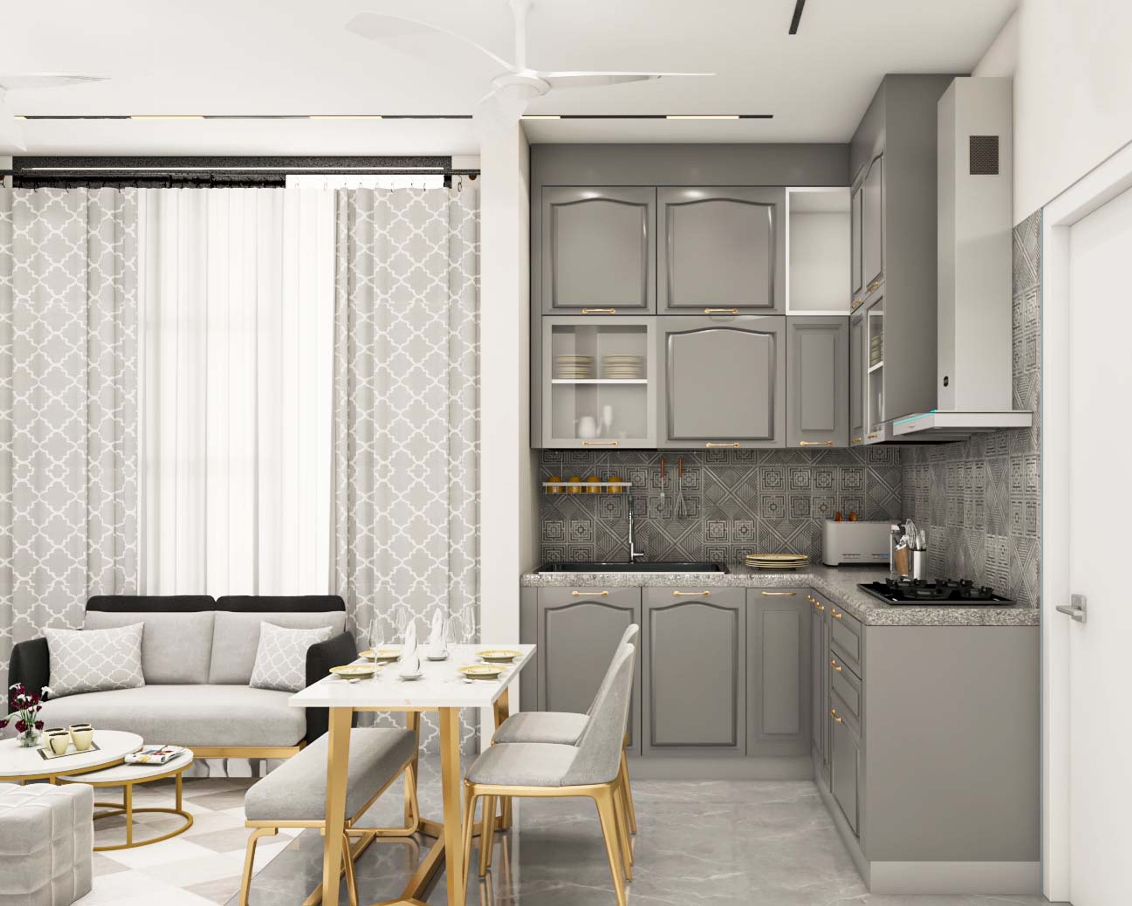 Contemporary L-Shaped Kitchen Cabinet Design In Chicago Concrete Grey