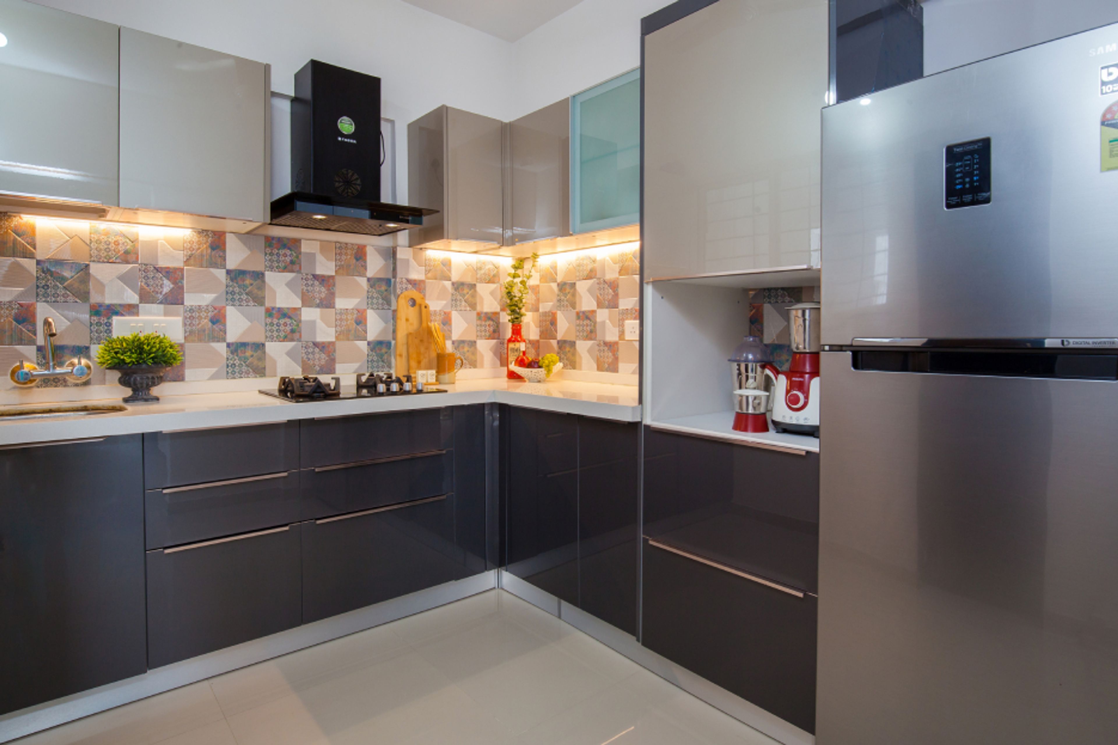 Modern Modular L-Shaped Kitchen Design With Grey And Base Storage Cabinets