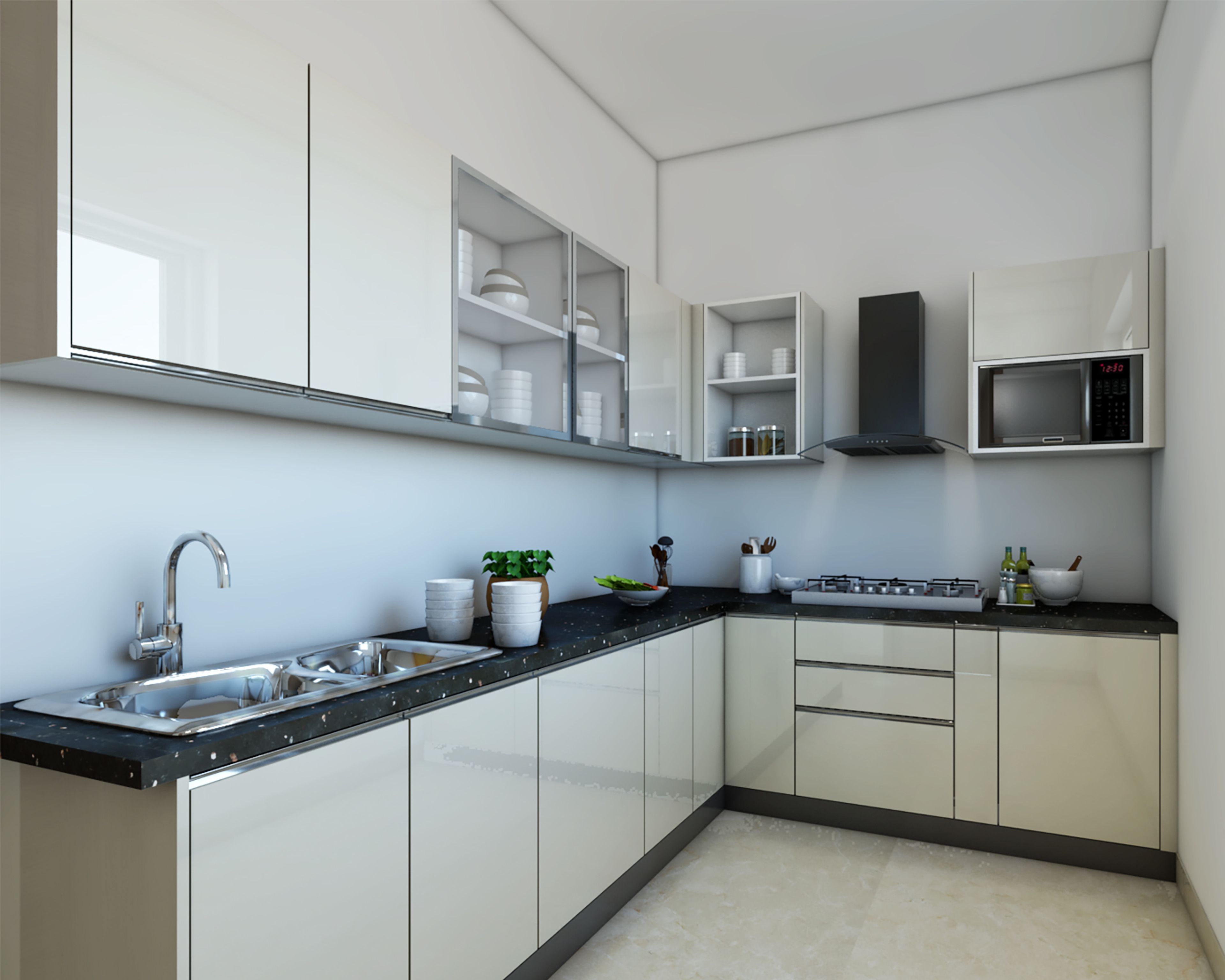 Contemporary L-Shaped Kitchen Design With Glossy White Storage Units