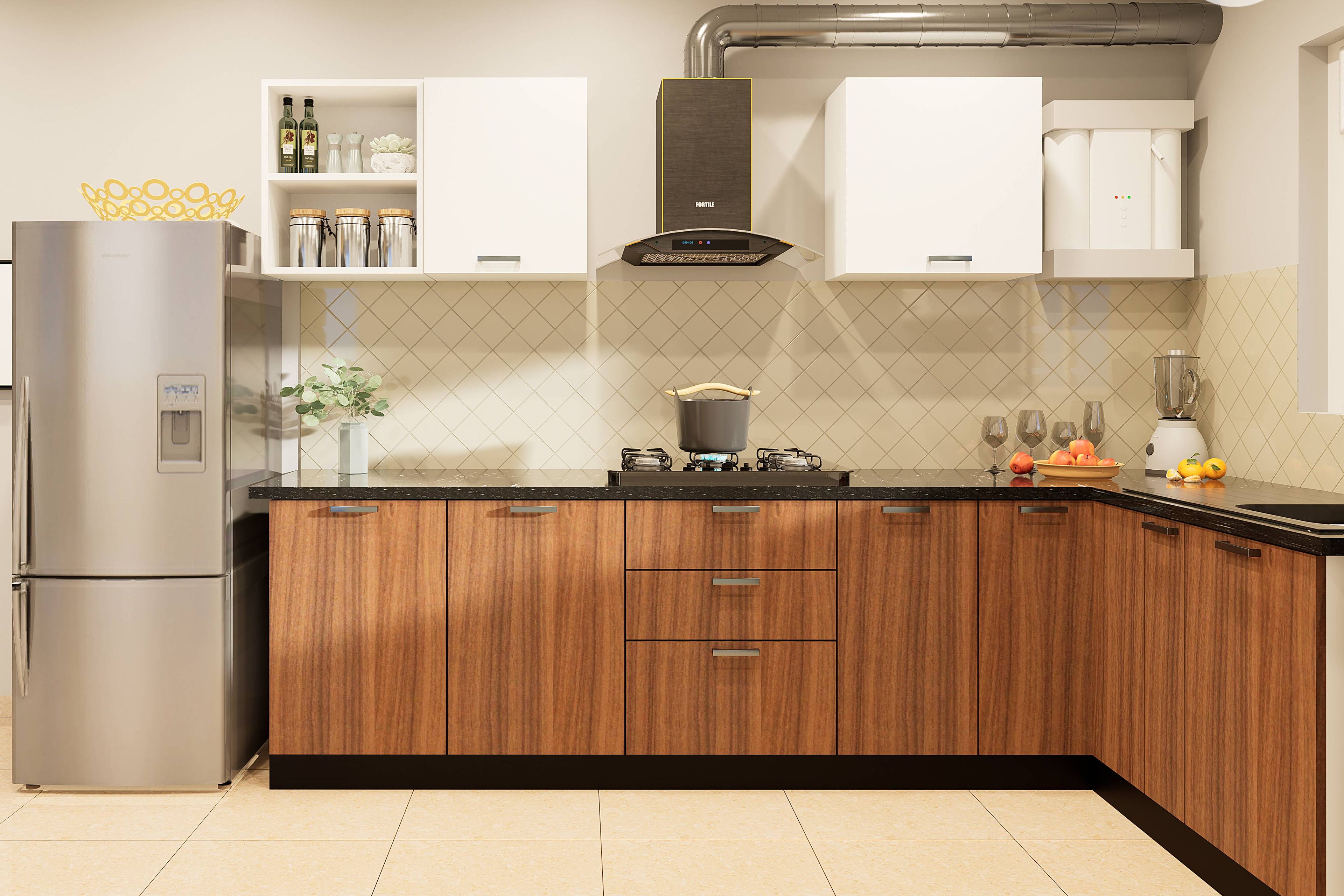 Contemporary L-Shaped Kitchen Design With Beige Dado Tiles