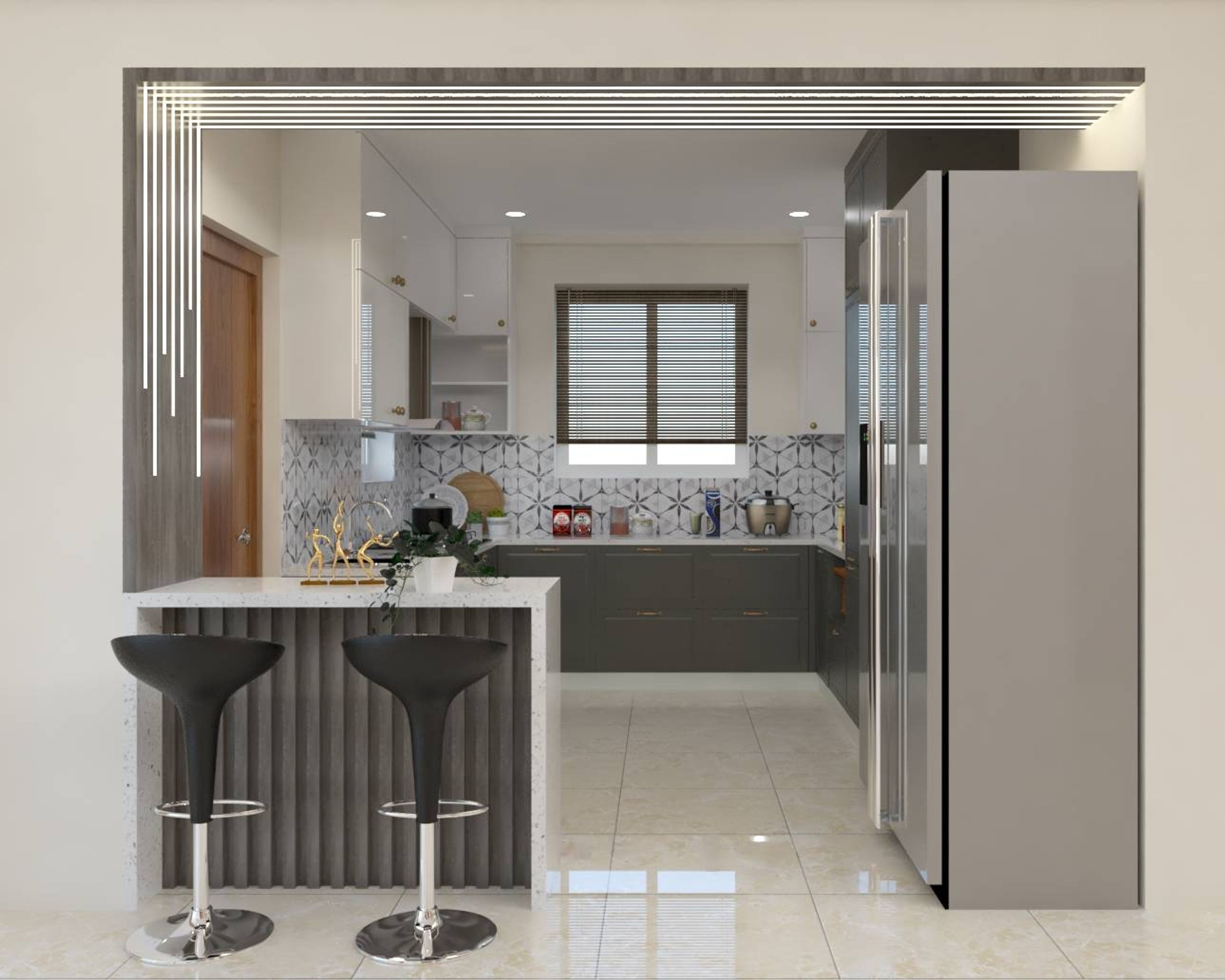 Modern U-Shaped Open Kitchen Design With LED Lights