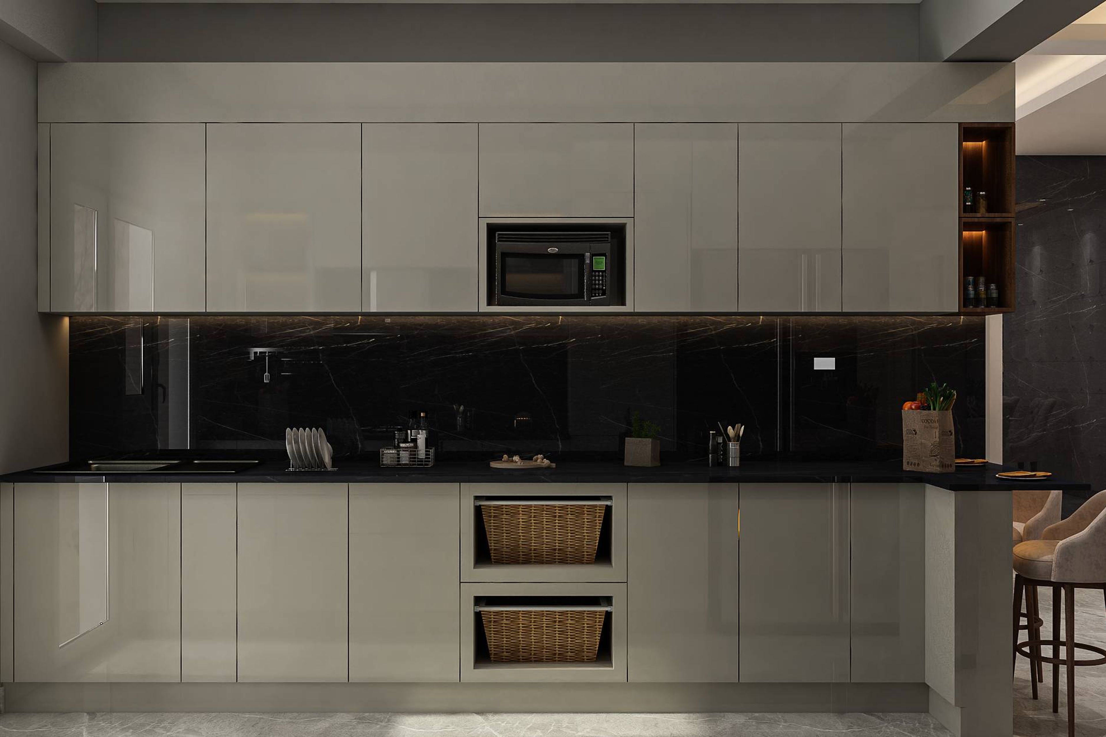 Modern Parallel Kitchen Design With Grey Glossy Cabinets