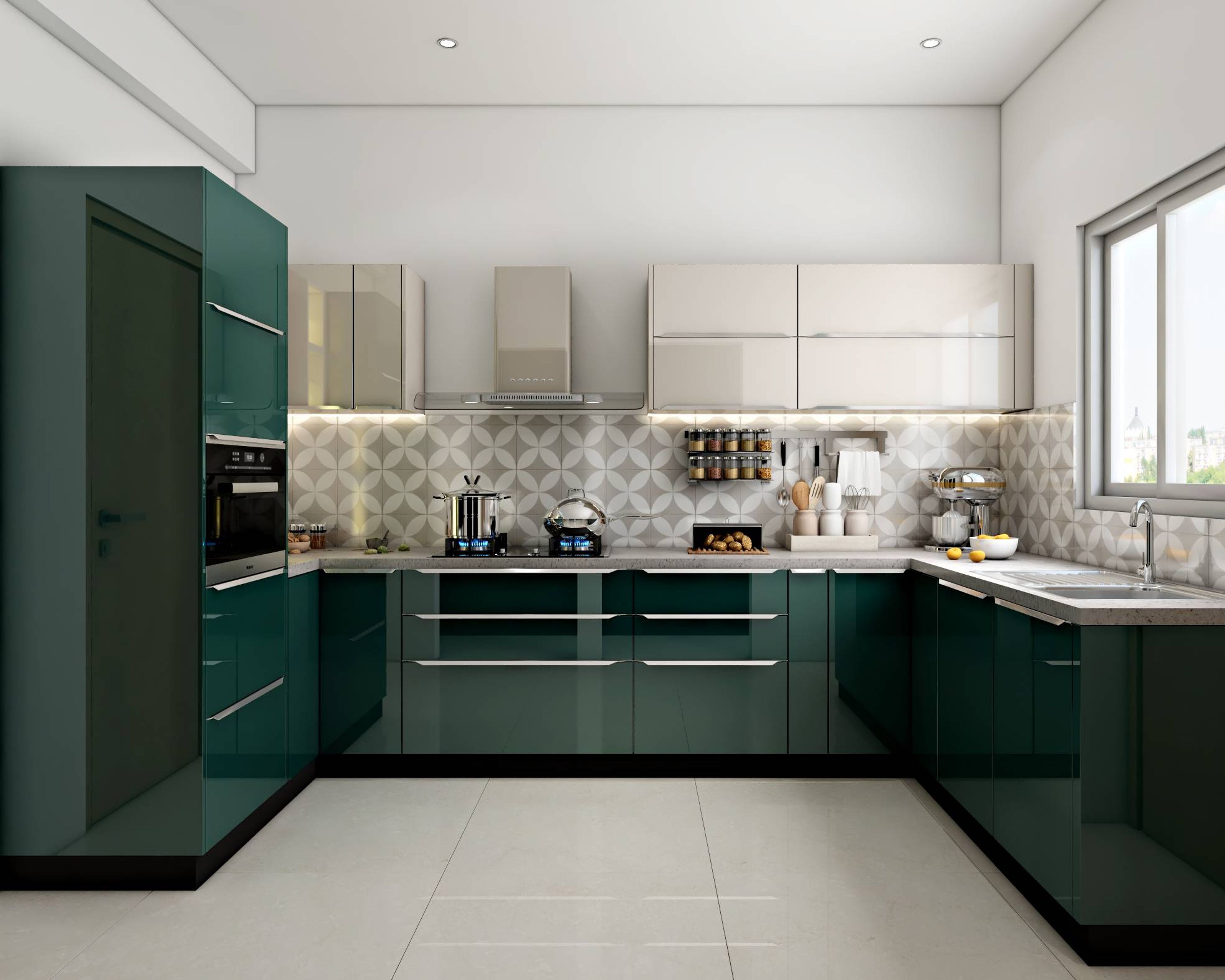 Modern Moss Green And White U-Shape Kitchen Design