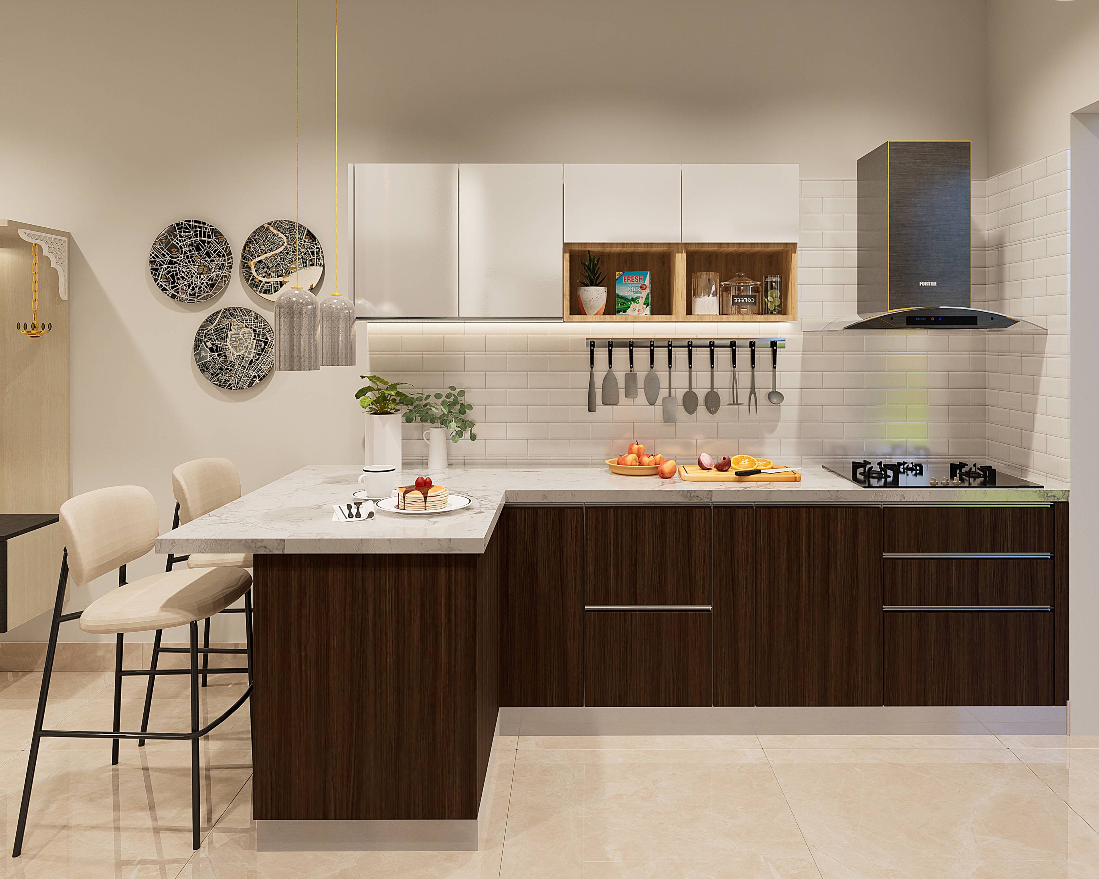 Modern L-Shaped Kitchen Design With White Dado Tiles