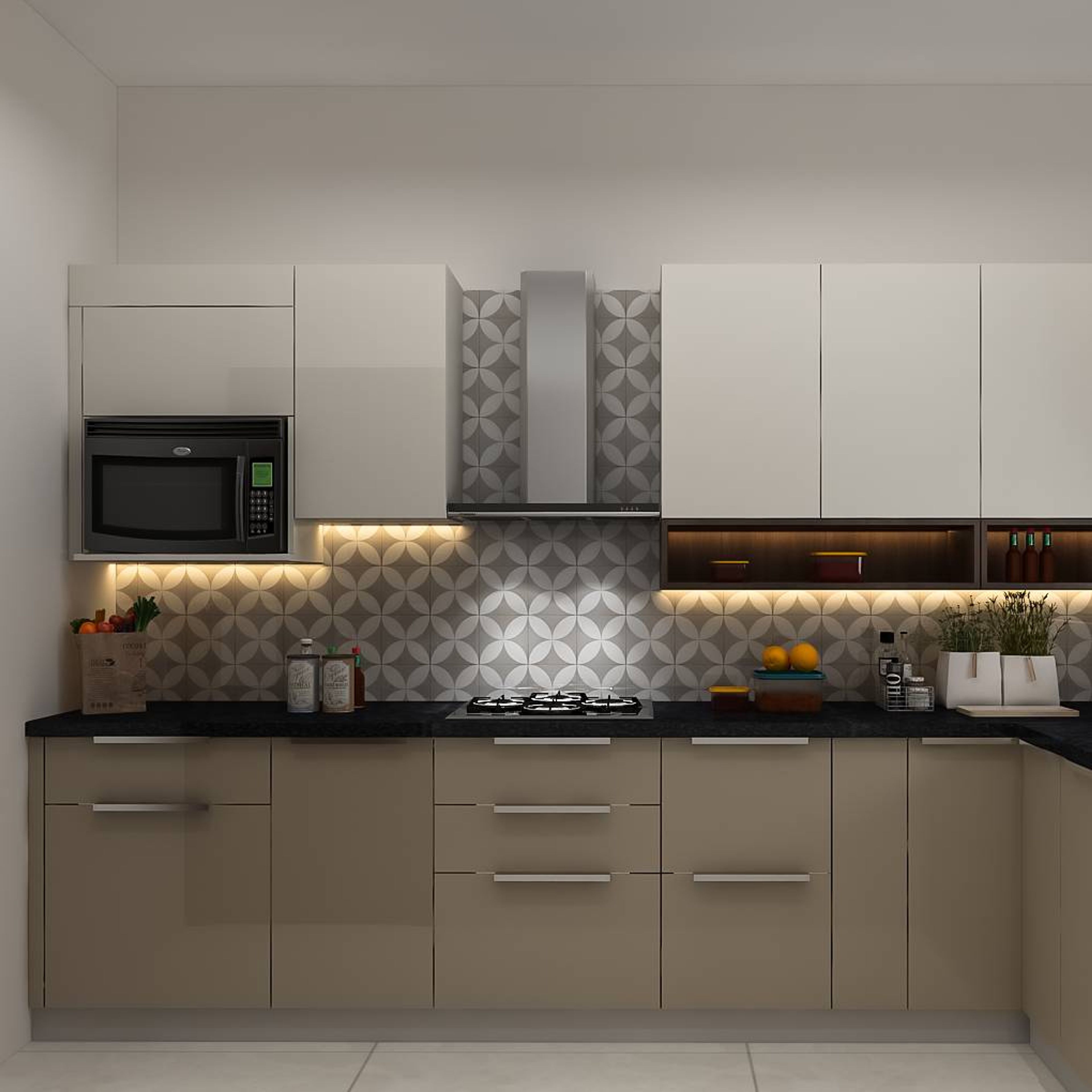 Modern L-Shaped Irish Cream And White Modular Kitchen Design