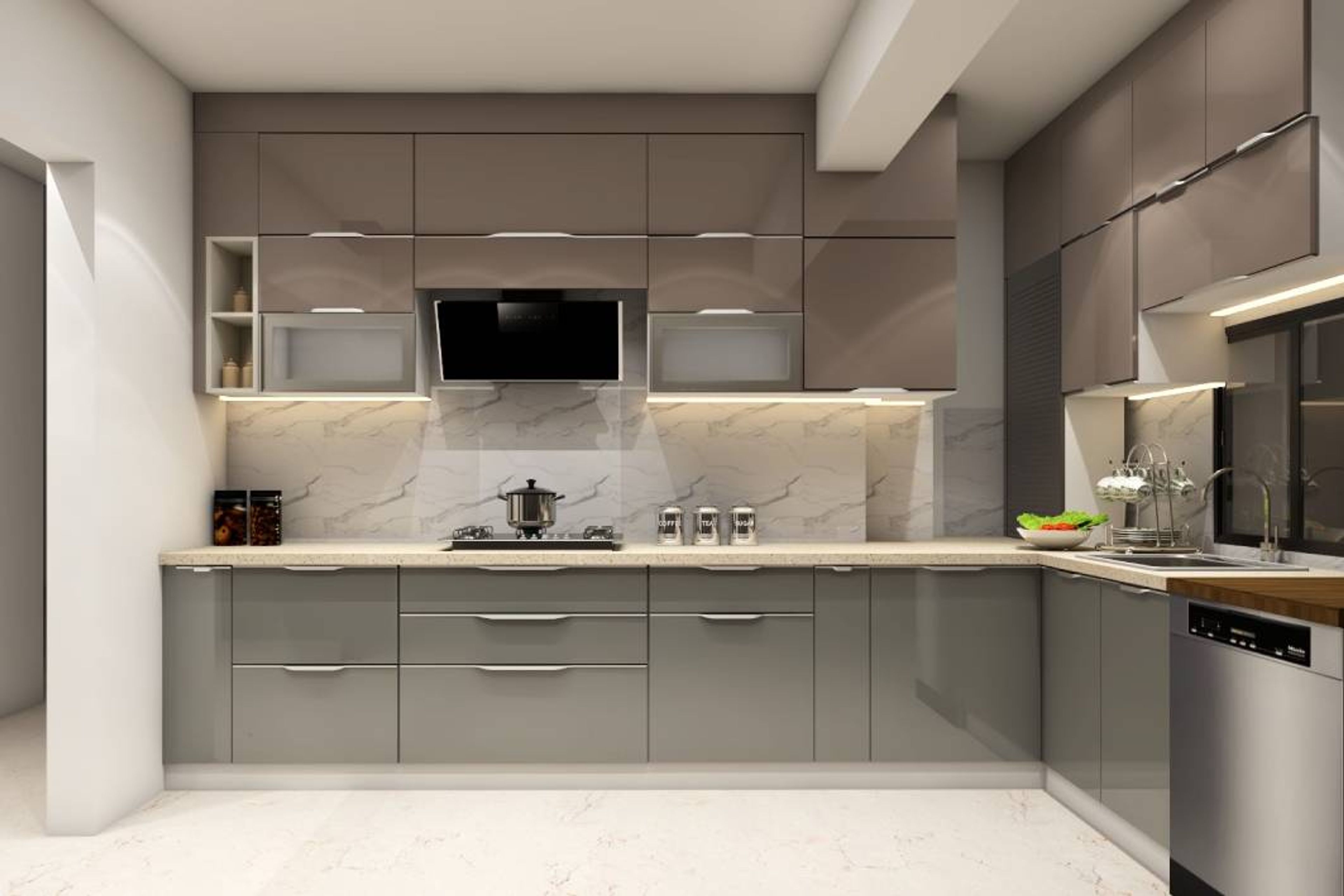 Modern L-Shaped Kitchen Design With High-Gloss Laminates
