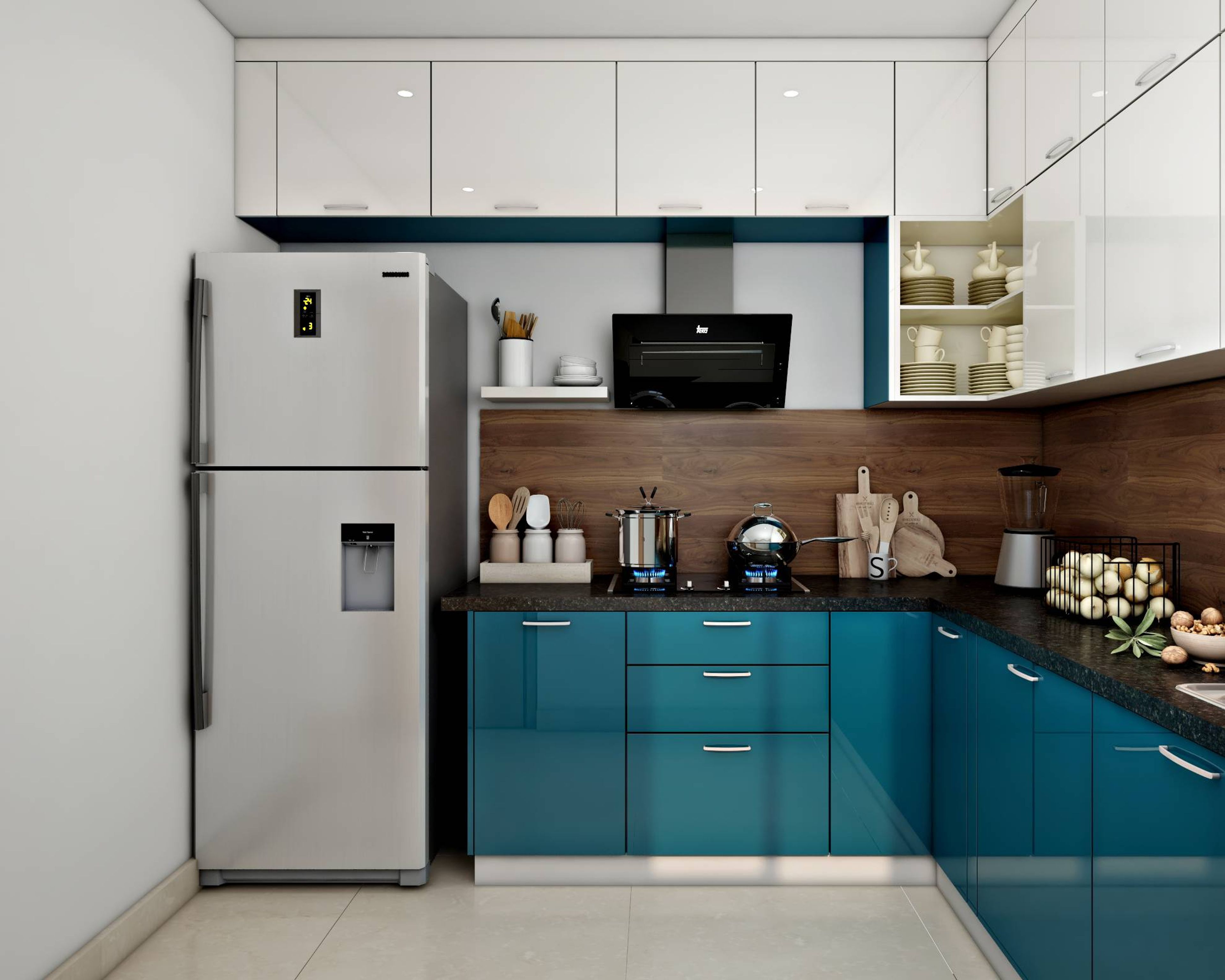 Modern L-Shaped Kitchen Design In Pastel Blue And White