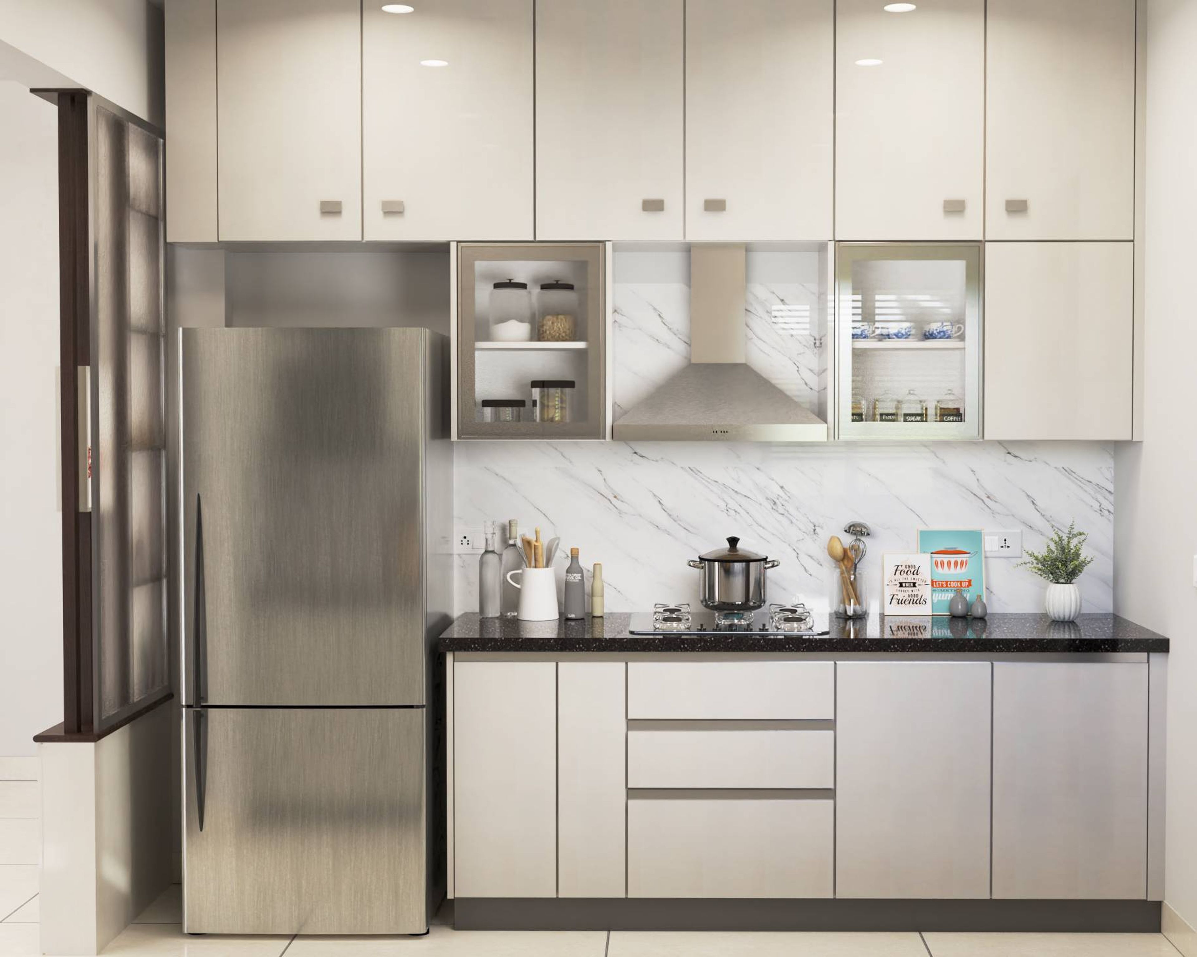 Contemporary Parallel Kitchen Design With A Marble Backdrop