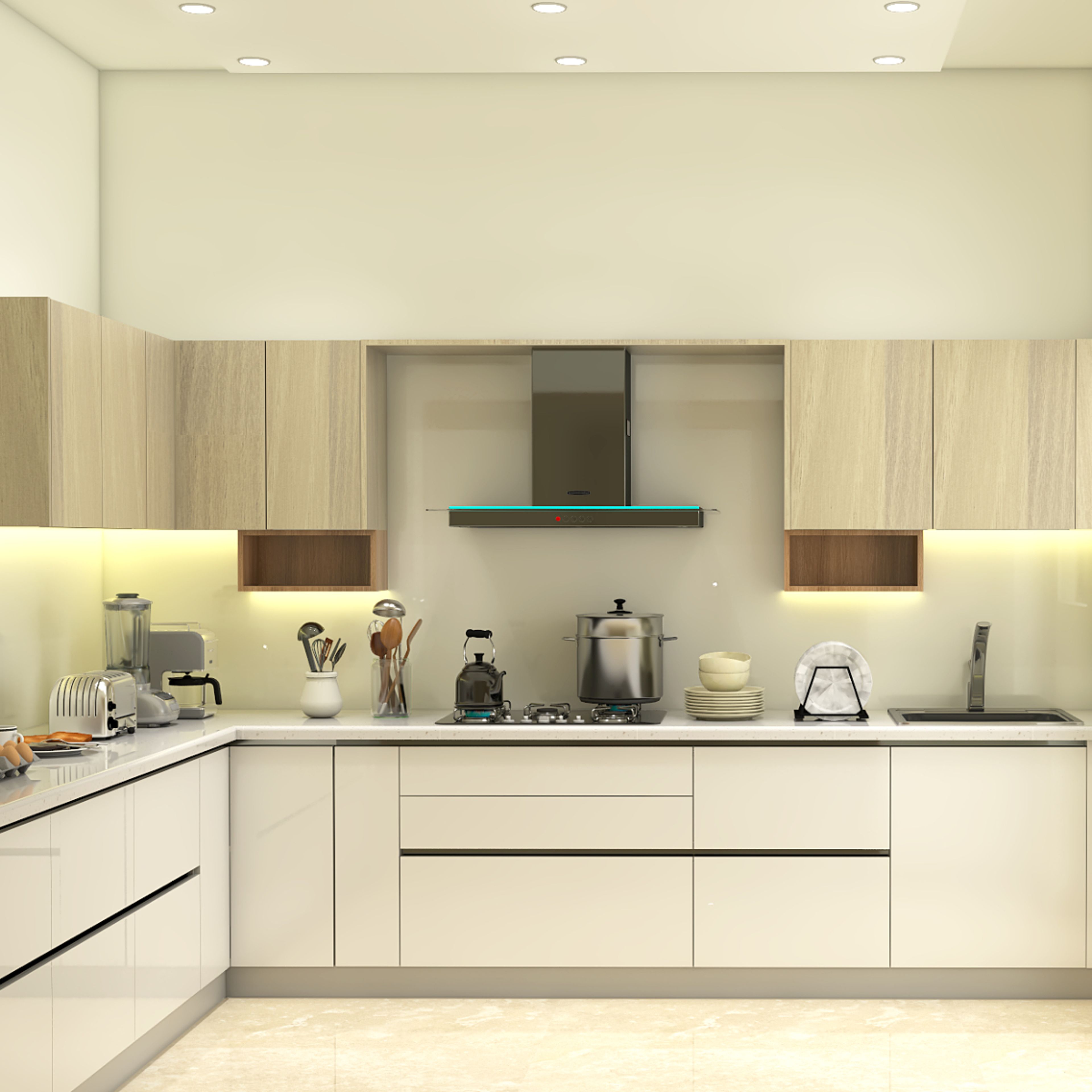 Modern L-Shaped Kitchen Design With White Backsplash