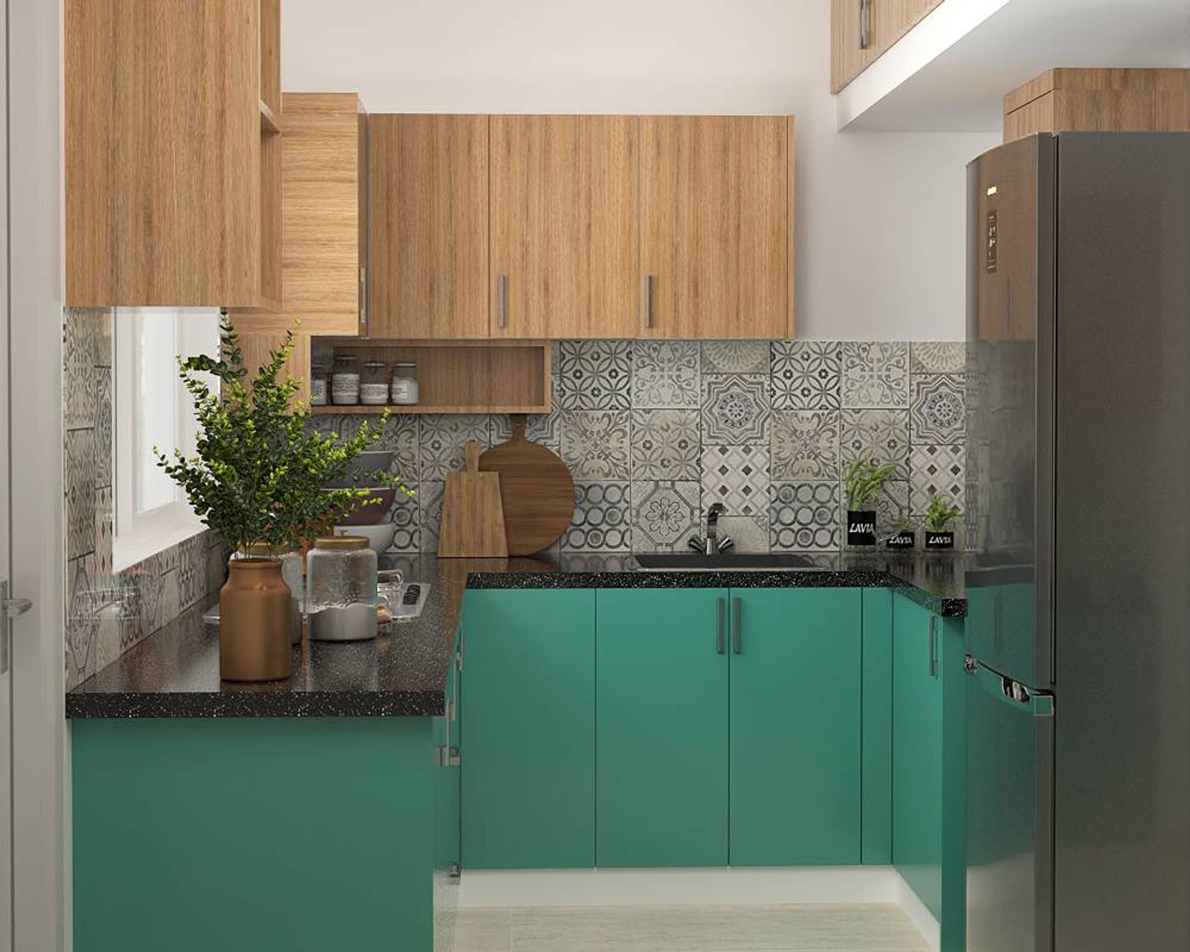 Modern U-Shaped Modular Kitchen Design With Grey Patterned Dado