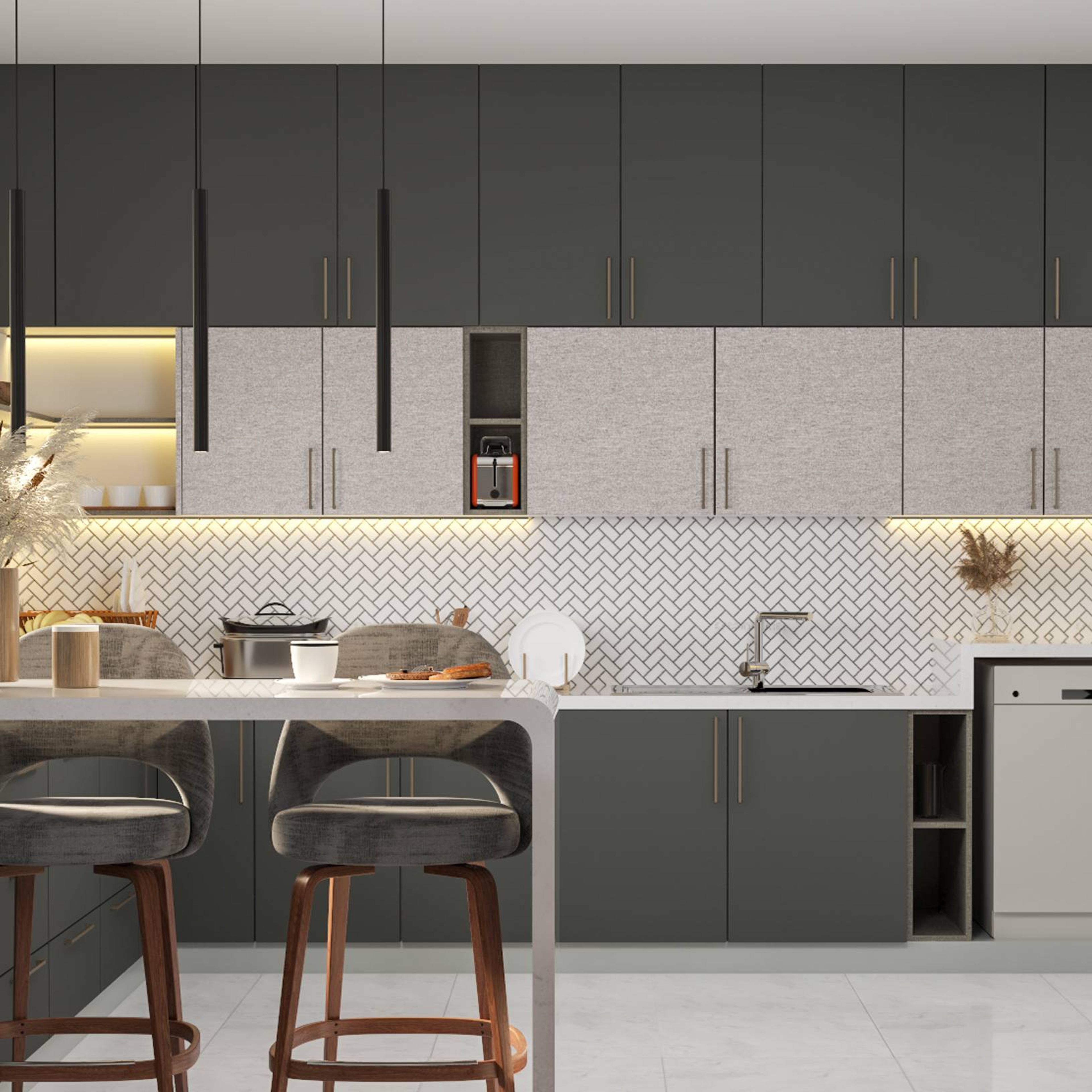 Modern Open Kitchen Design With A 2-Seater Breakfast Counter