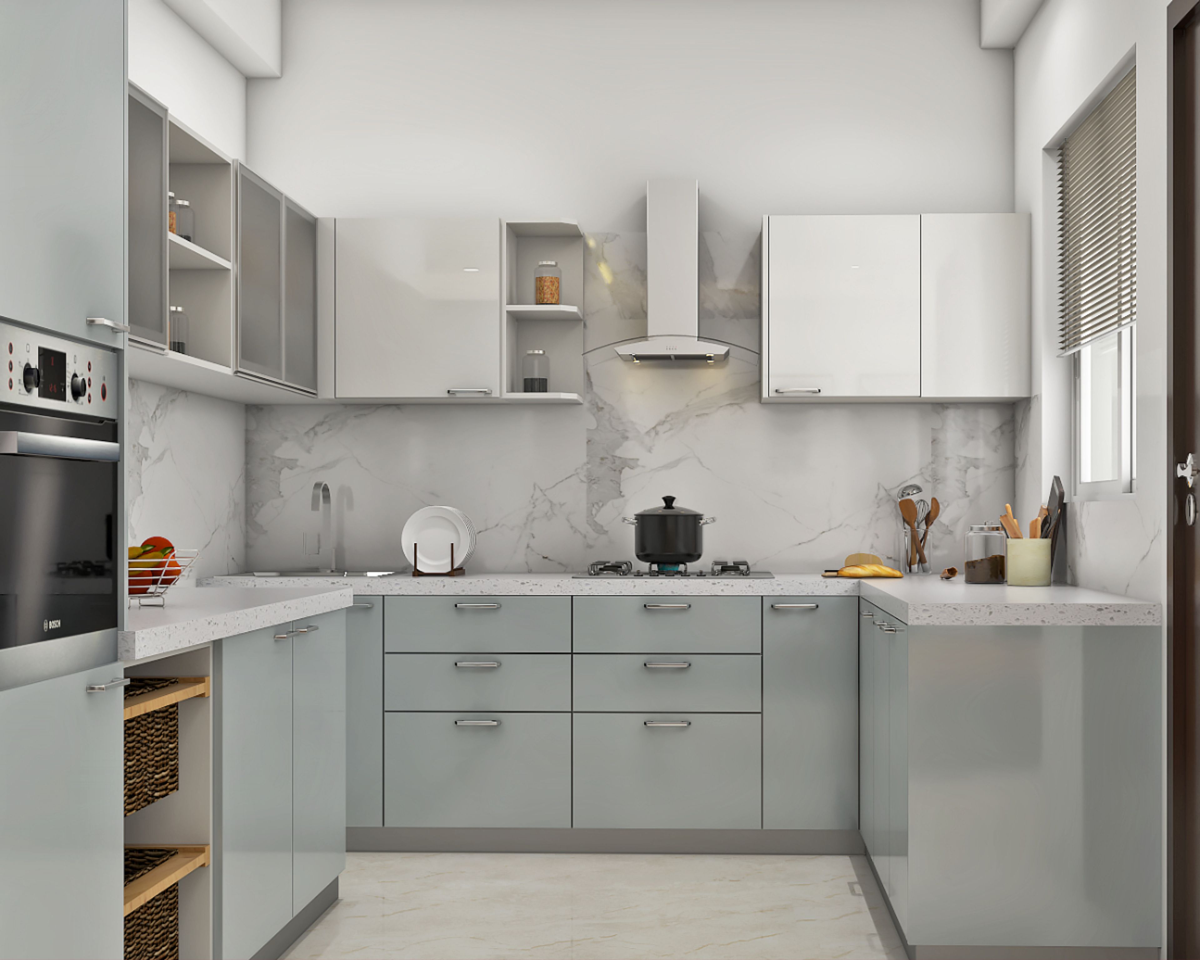 Modern U-Shaped Kitchen Cabinet Design In Silver And White