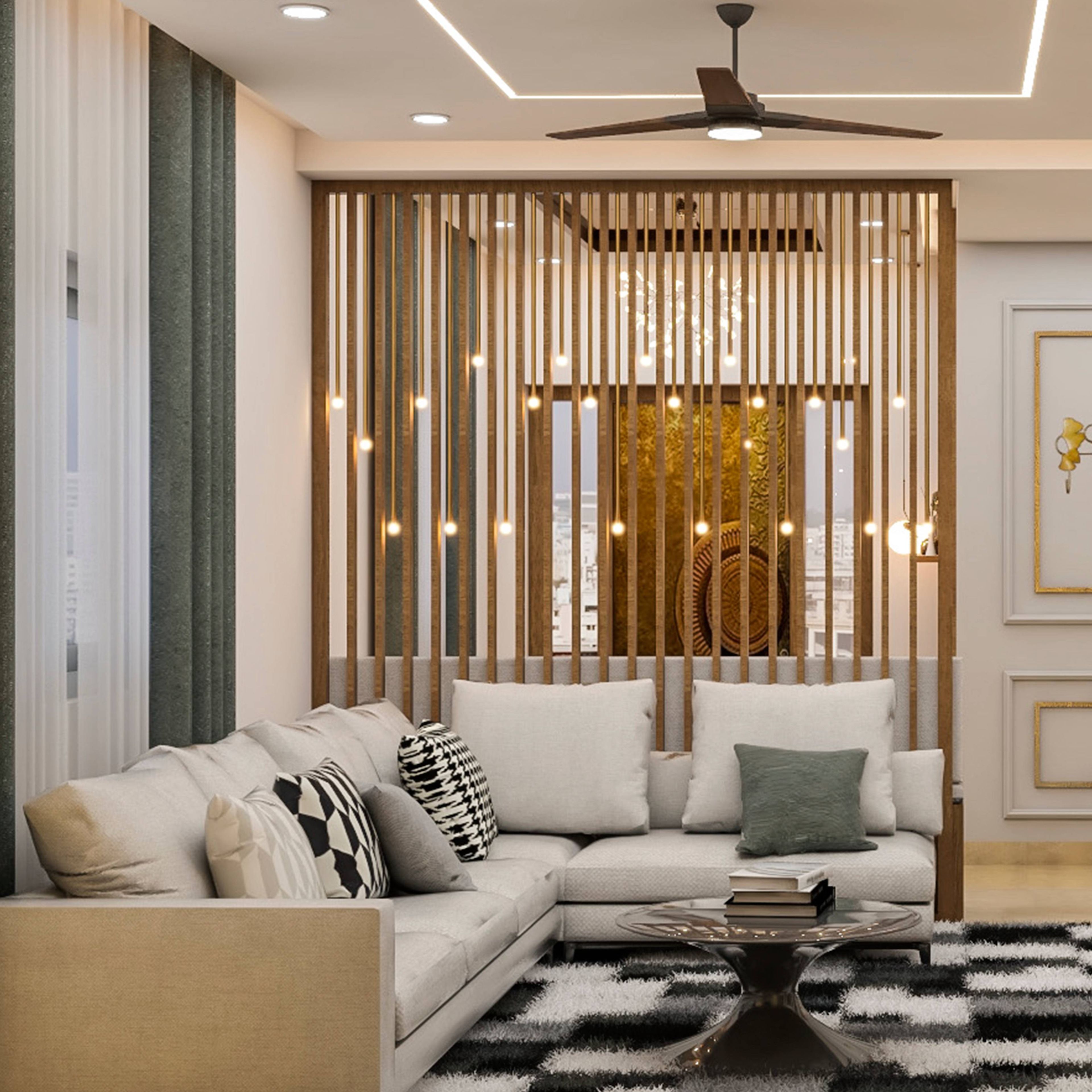 Modern Living Room Design With A 5-Seater Grey Sofa