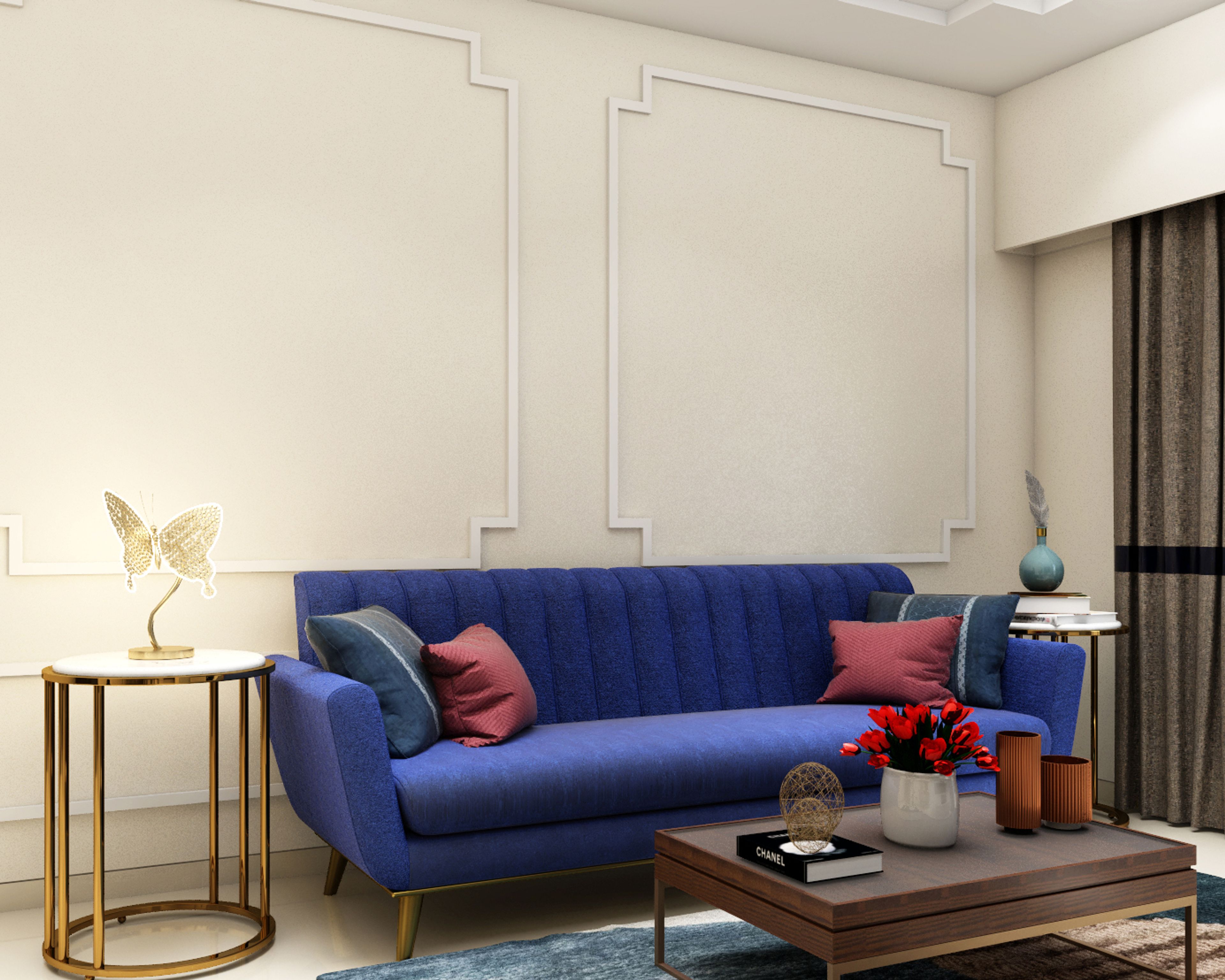 Living Room With Blue Sofa And Cream Wall Paint - Livspace