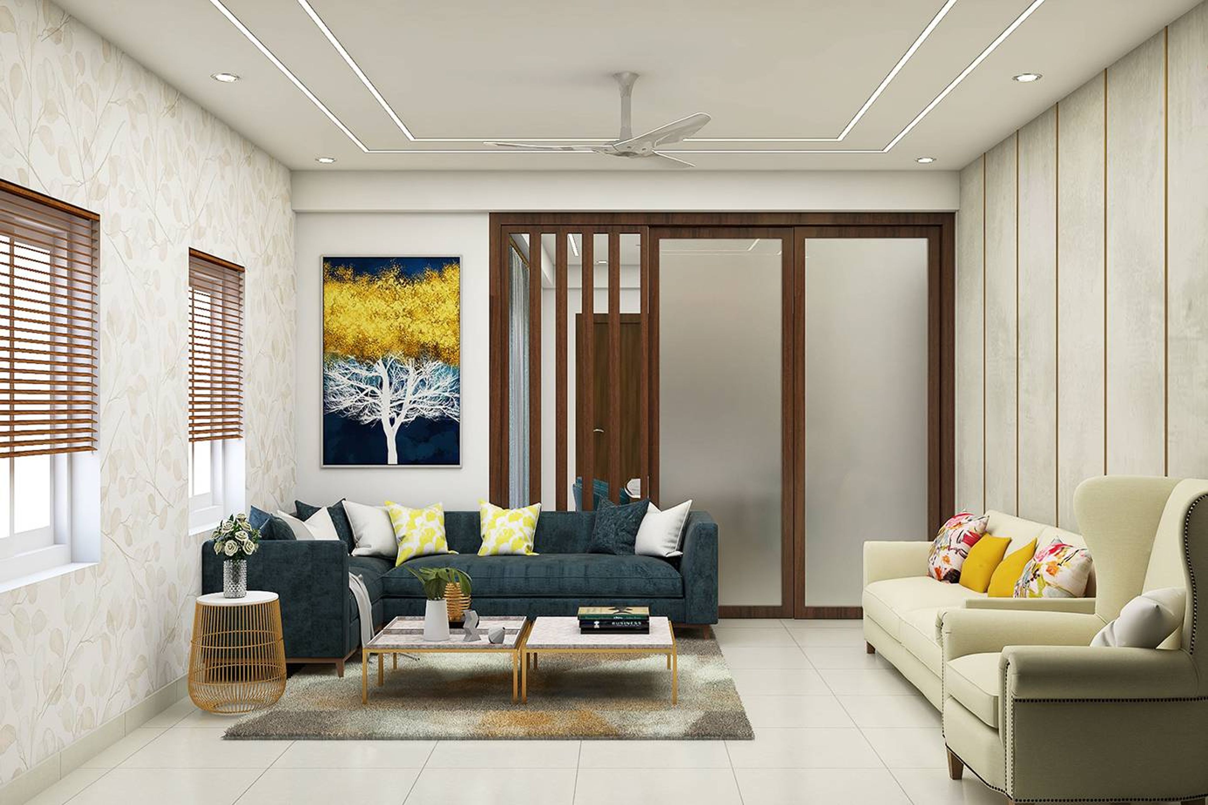 Living Room Design With An Off White Accent Chair - Livspace