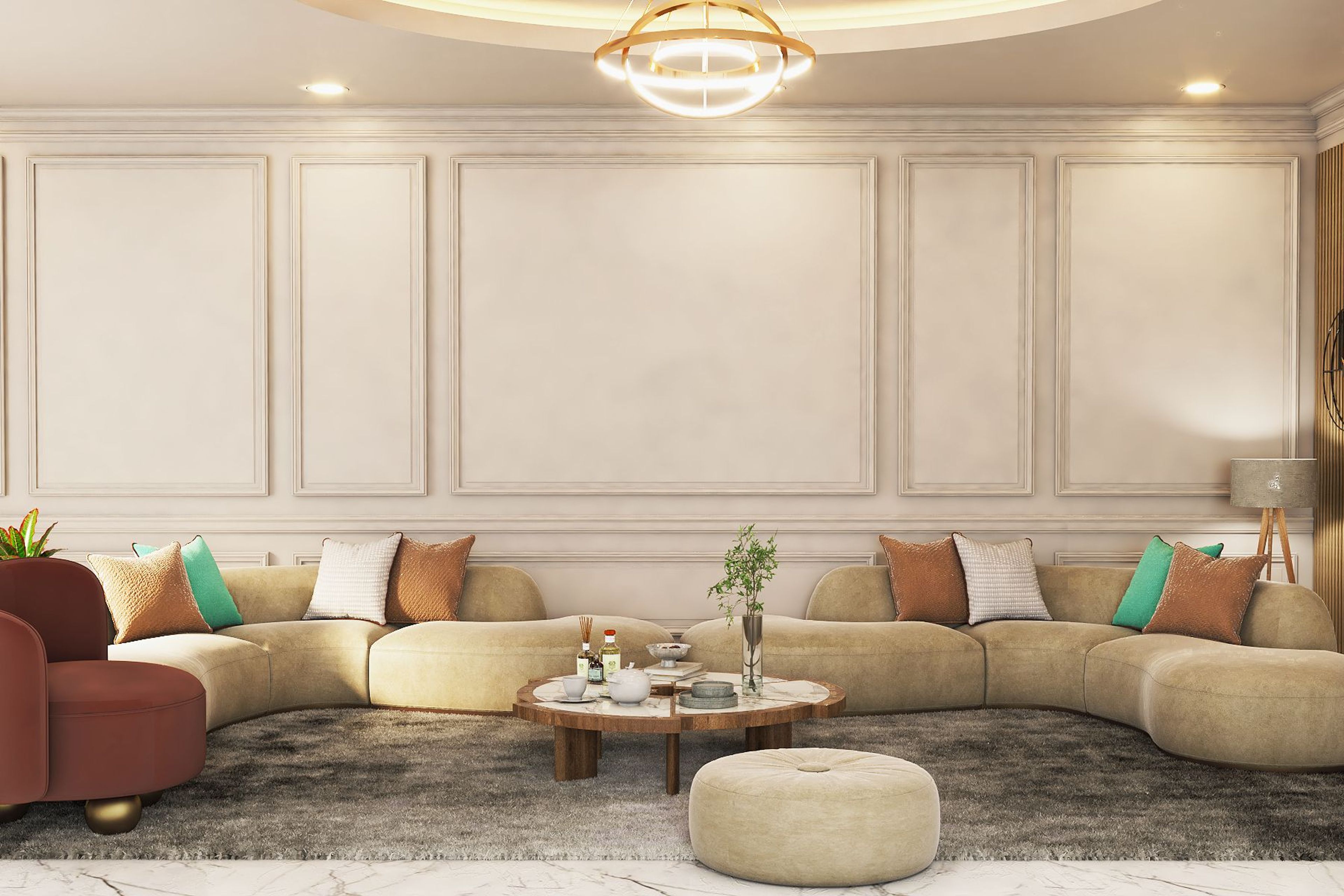 Spacious Living Room Design With Curvilinear Sofas