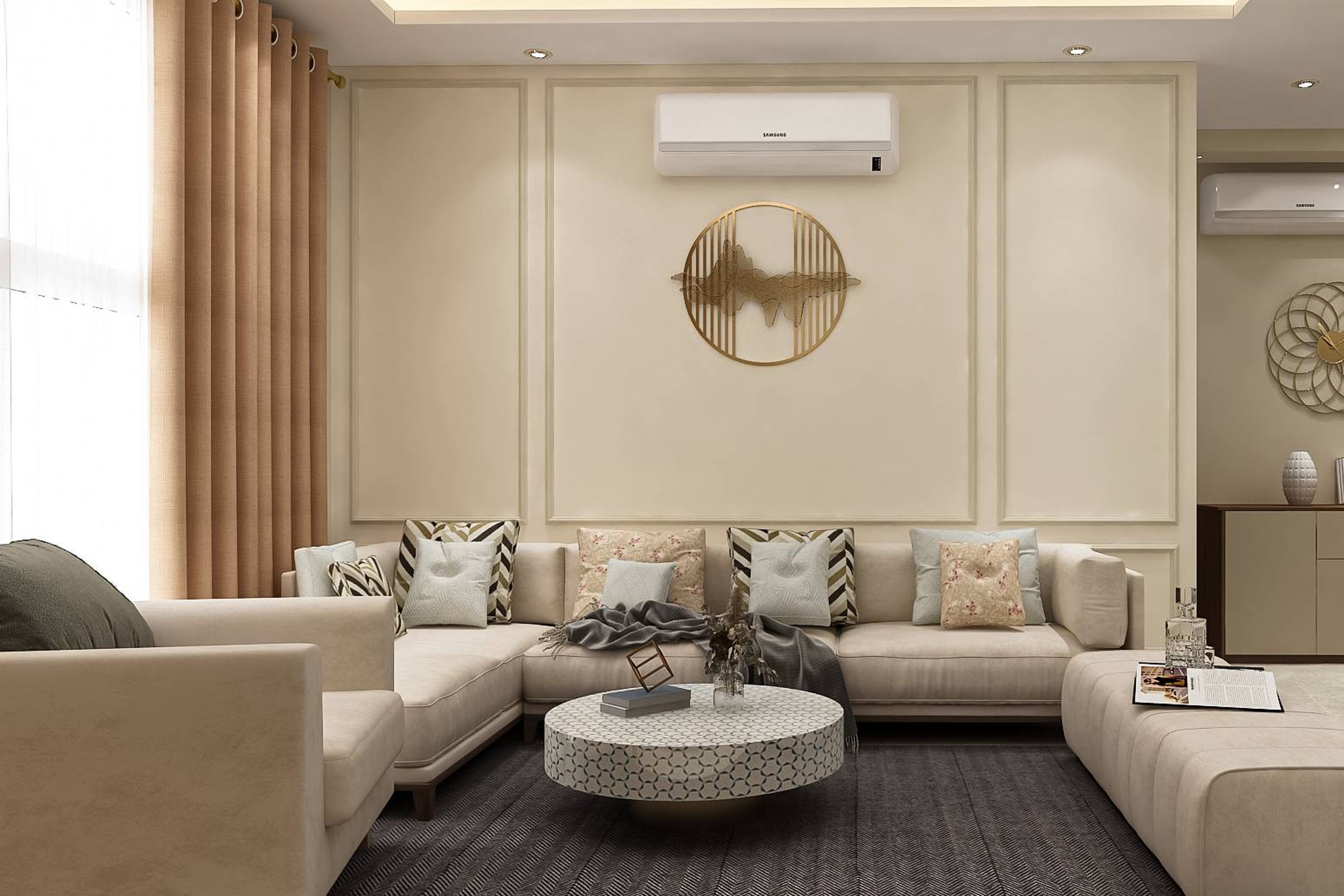 Living Room Design With A Beige Sofa And Accent Chair - Livspace