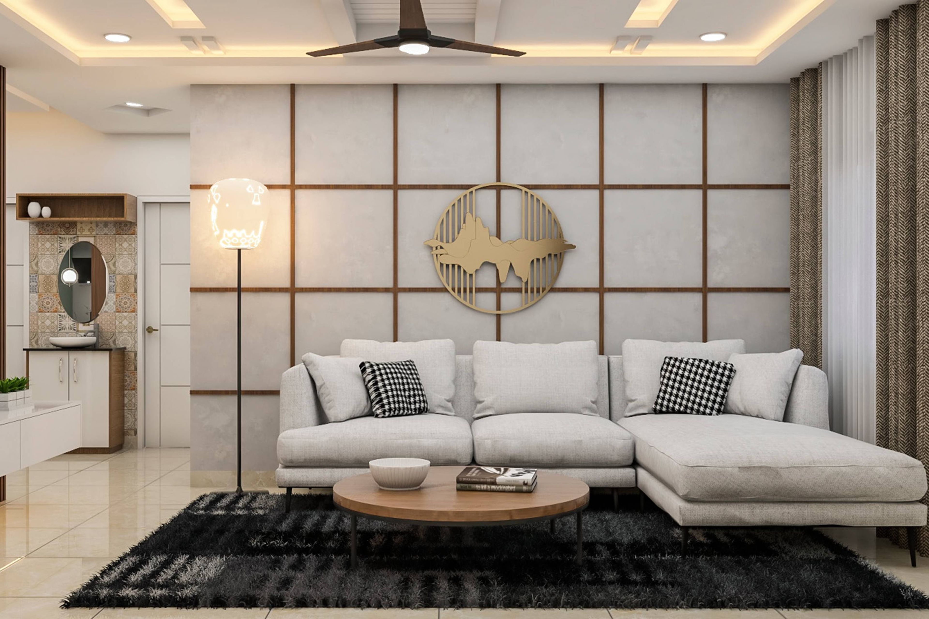 Living Room Design With A White Sofa And A Wooden Coffee Table - Livspace