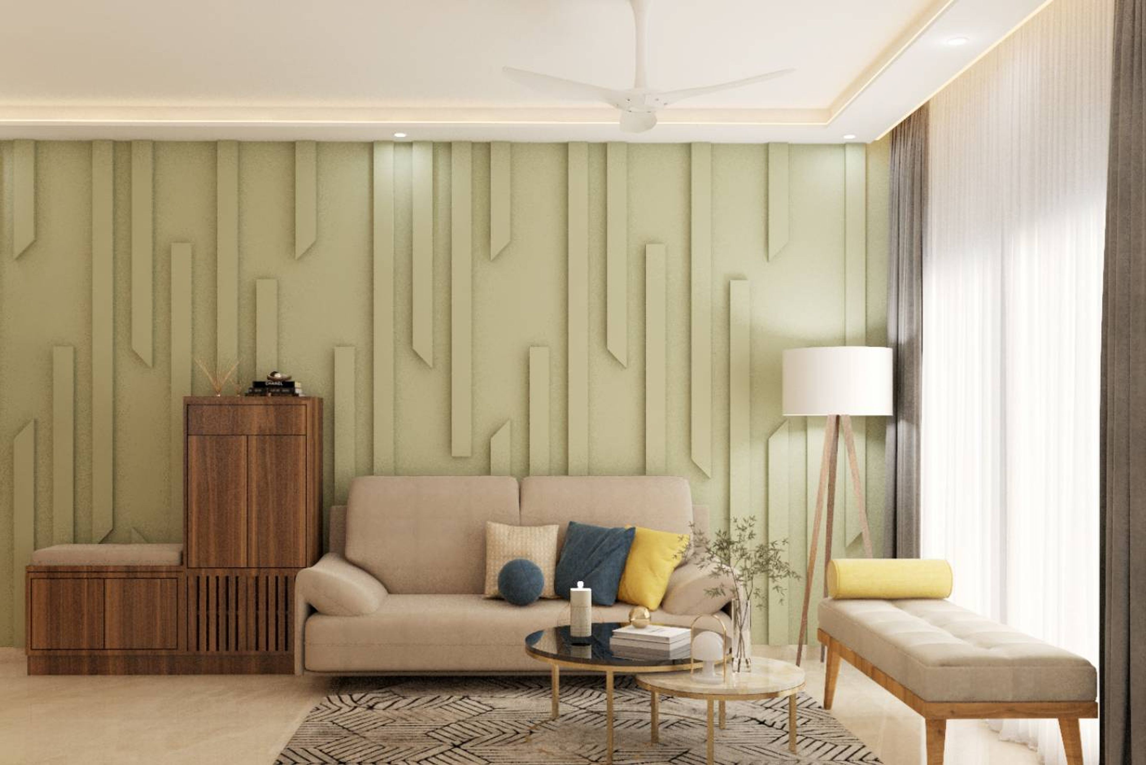 Living Room Design With a Beige Sofa And Bench - Livspace