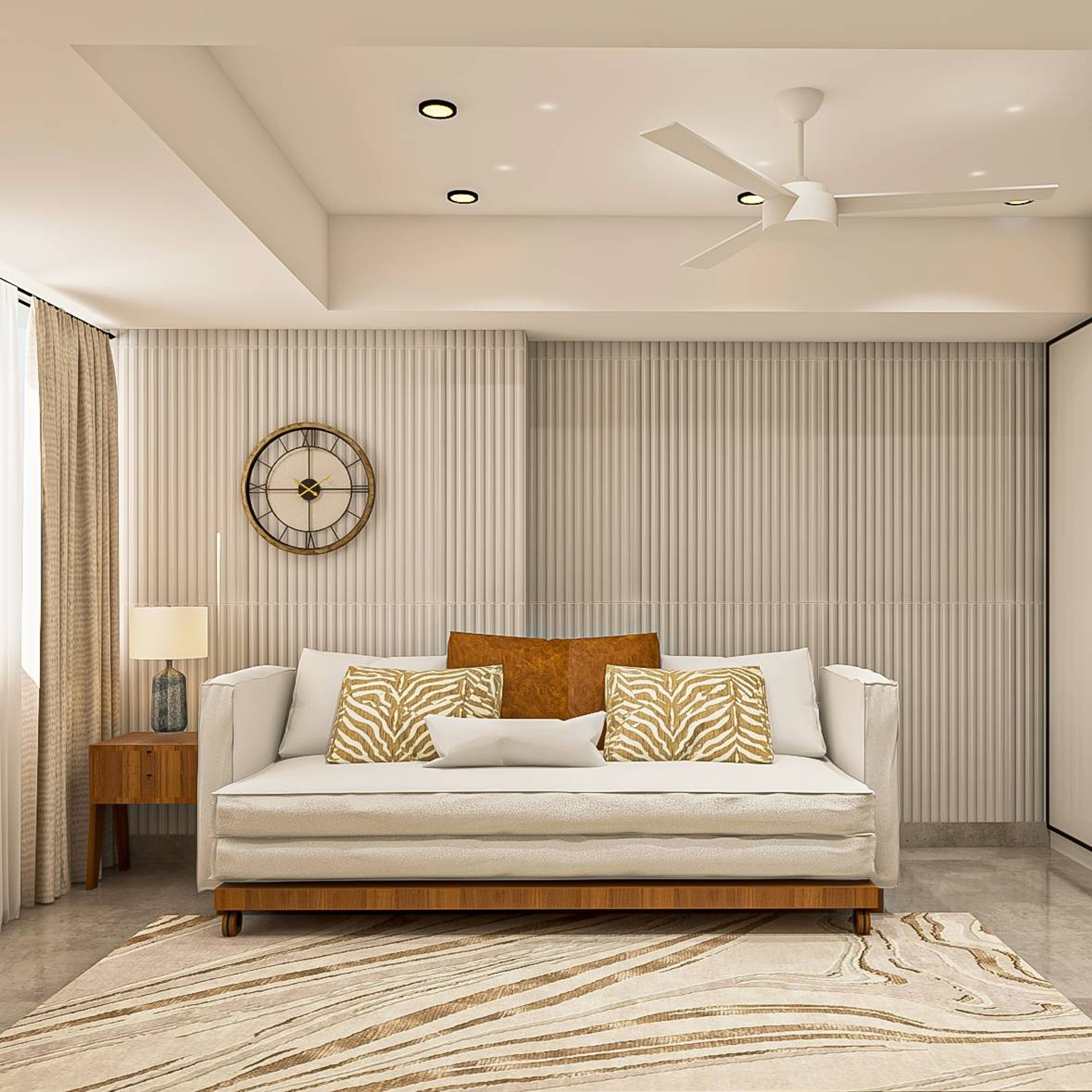 Living Room Design With A Cream 3-Seater Sofa And Brown Cushions - Livspace