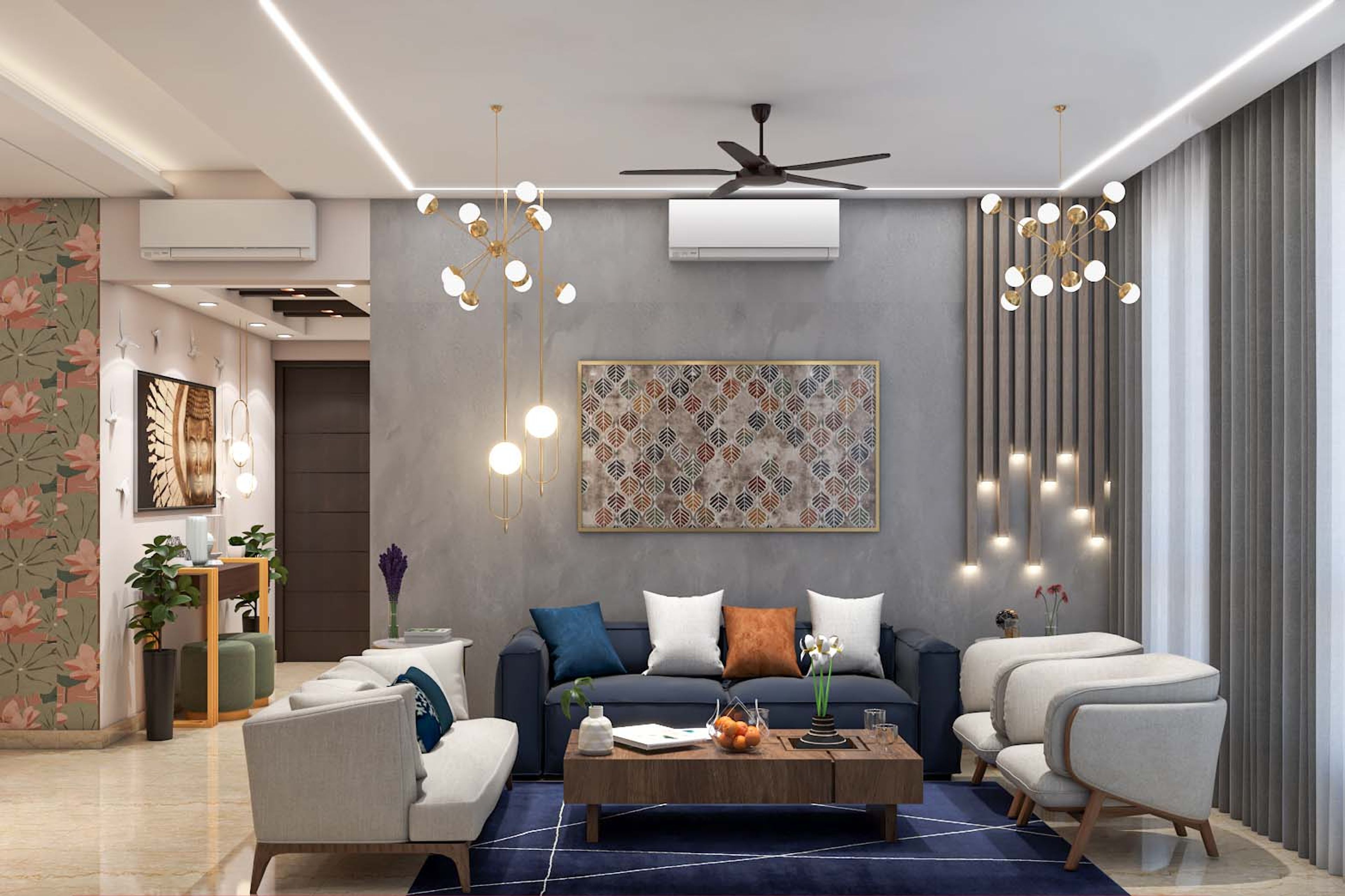 6-Seater Living Room Design With A Wooden Coffee Table - Livspace