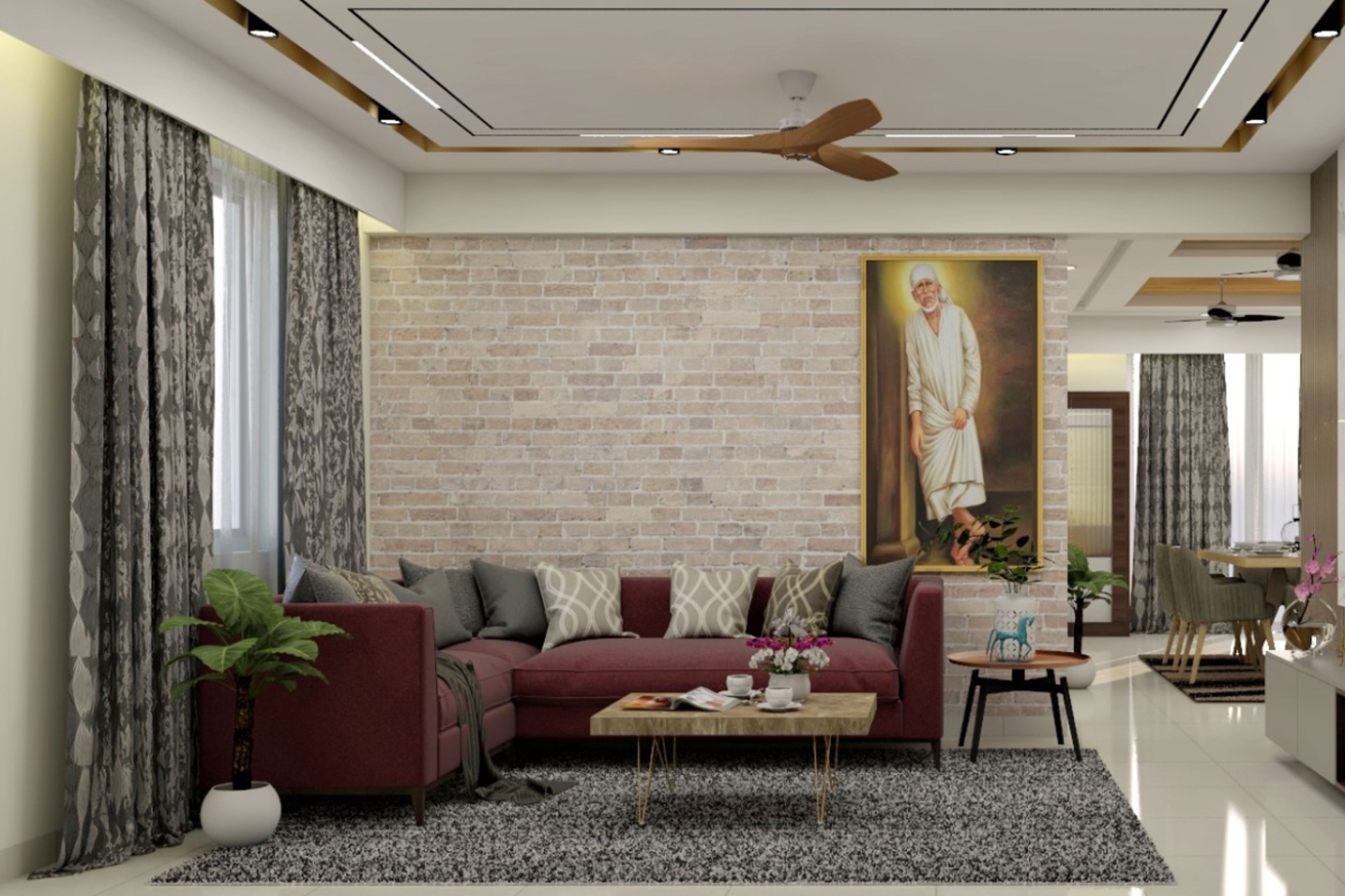 Living Room Design With Brick Effect Wallpaper - Livspace