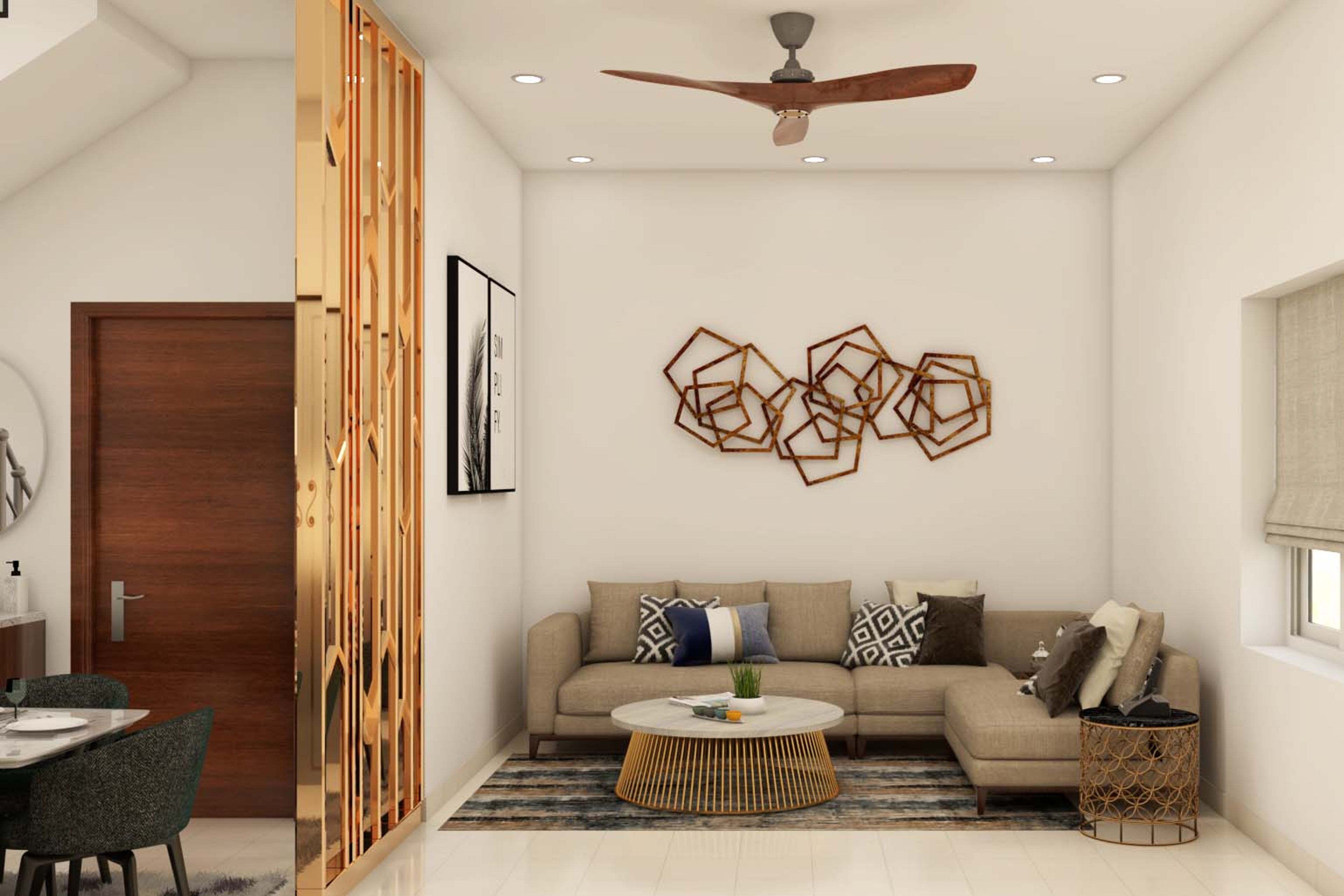 Living Room Design With A Beige Sofa And A Round Coffee Table - Livspace