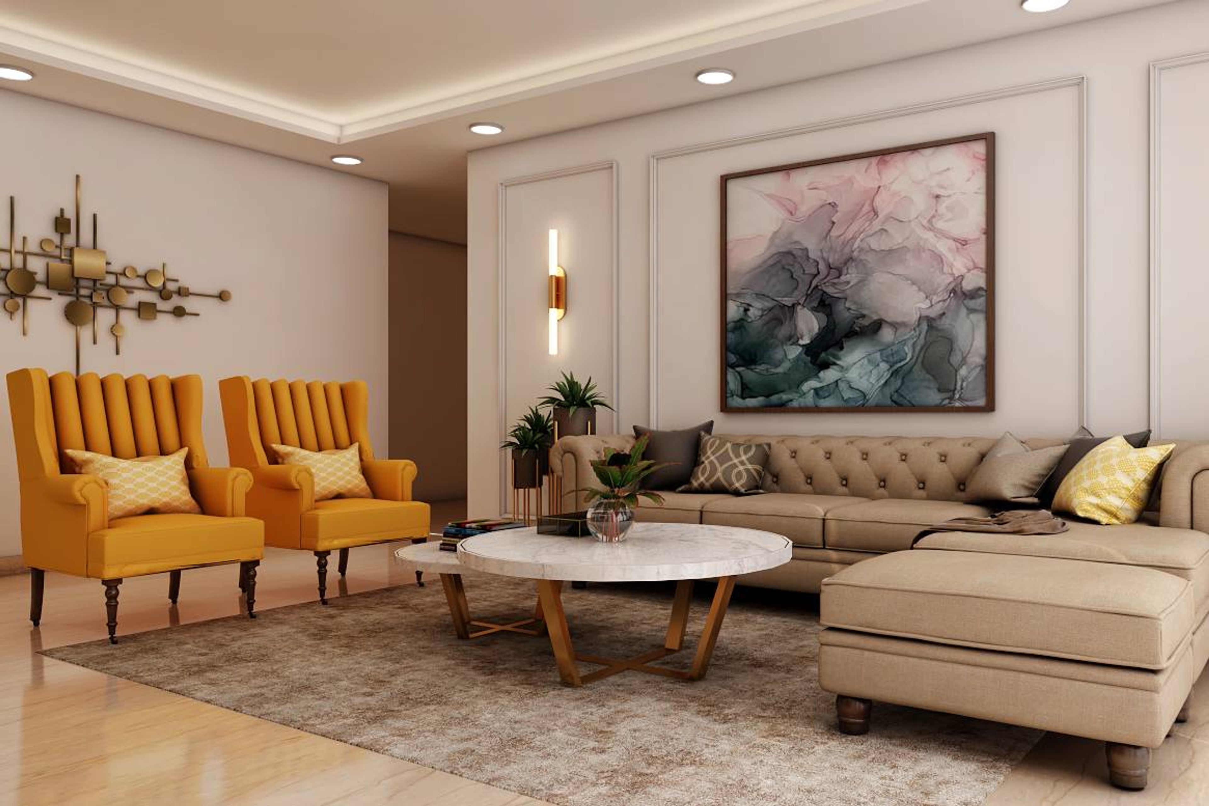 6-Seater Living Room Design With White Wall Paint And Trims - Livspace