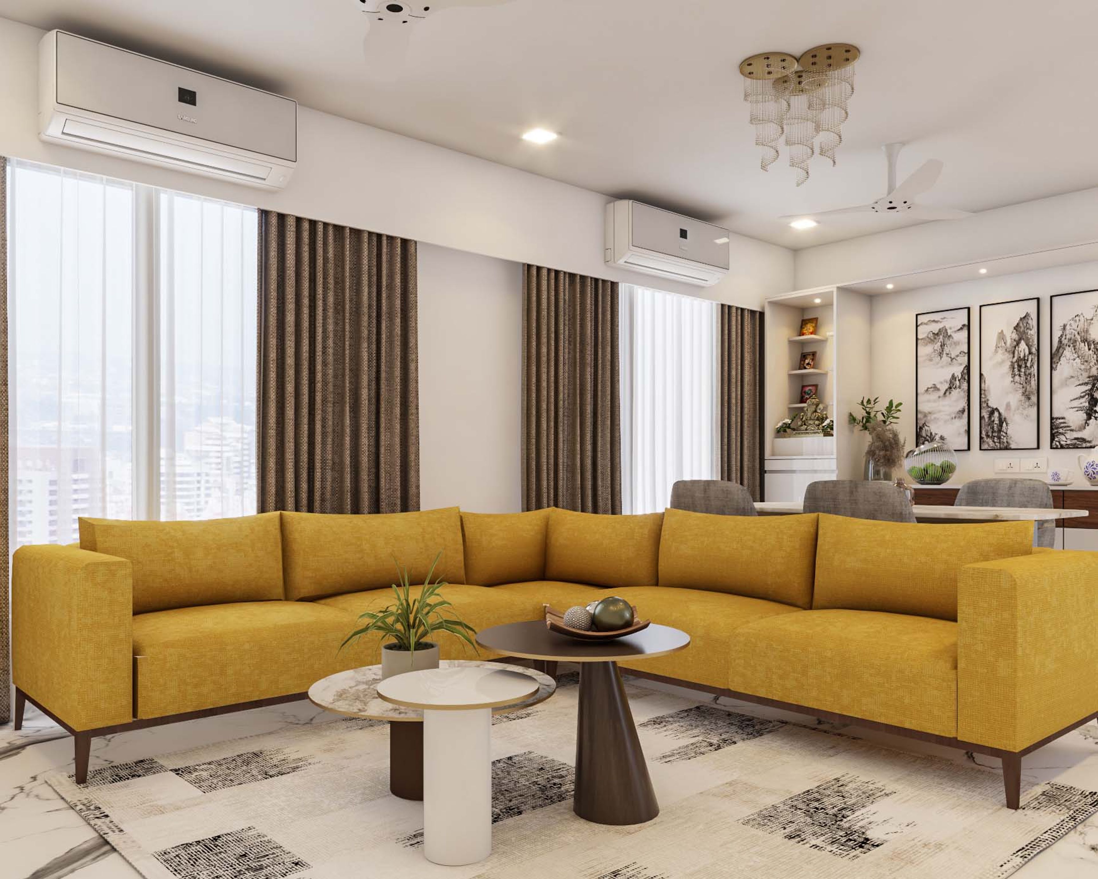 Living Room Design With An L-Shaped Sofa With Mustard Upholstery - Livspace