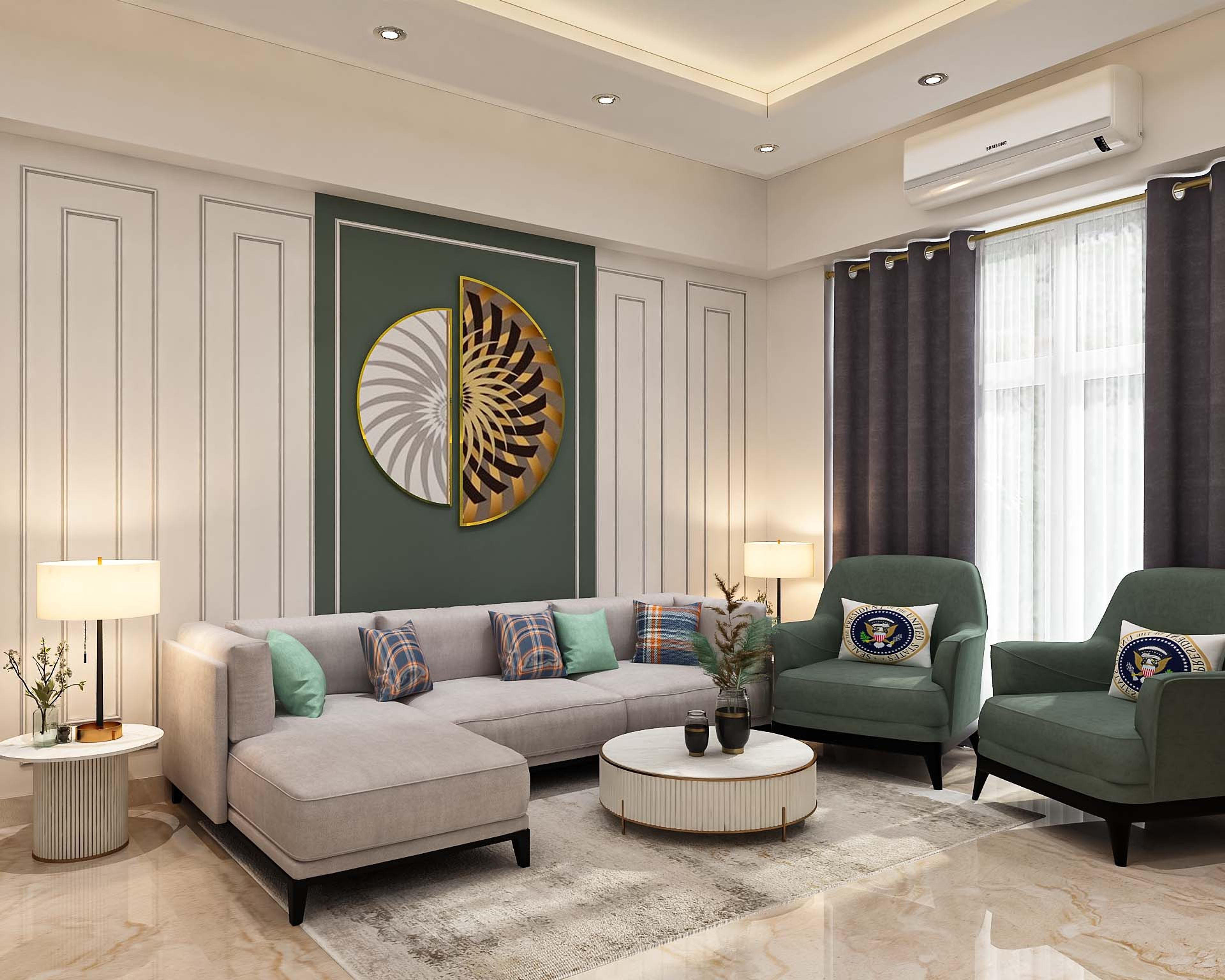 Modern Living Room Design With Grey And Green Sofas