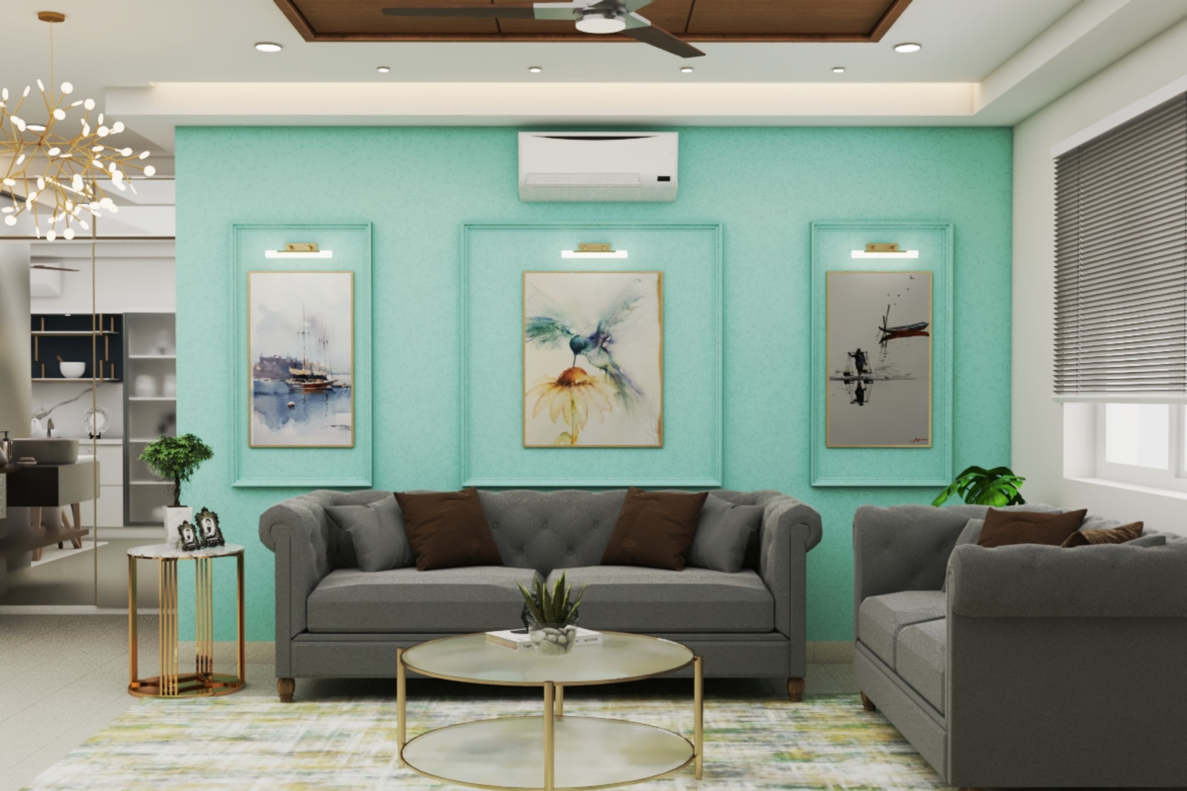 Modern Living Room Design With Pastel Blue Wall Trims