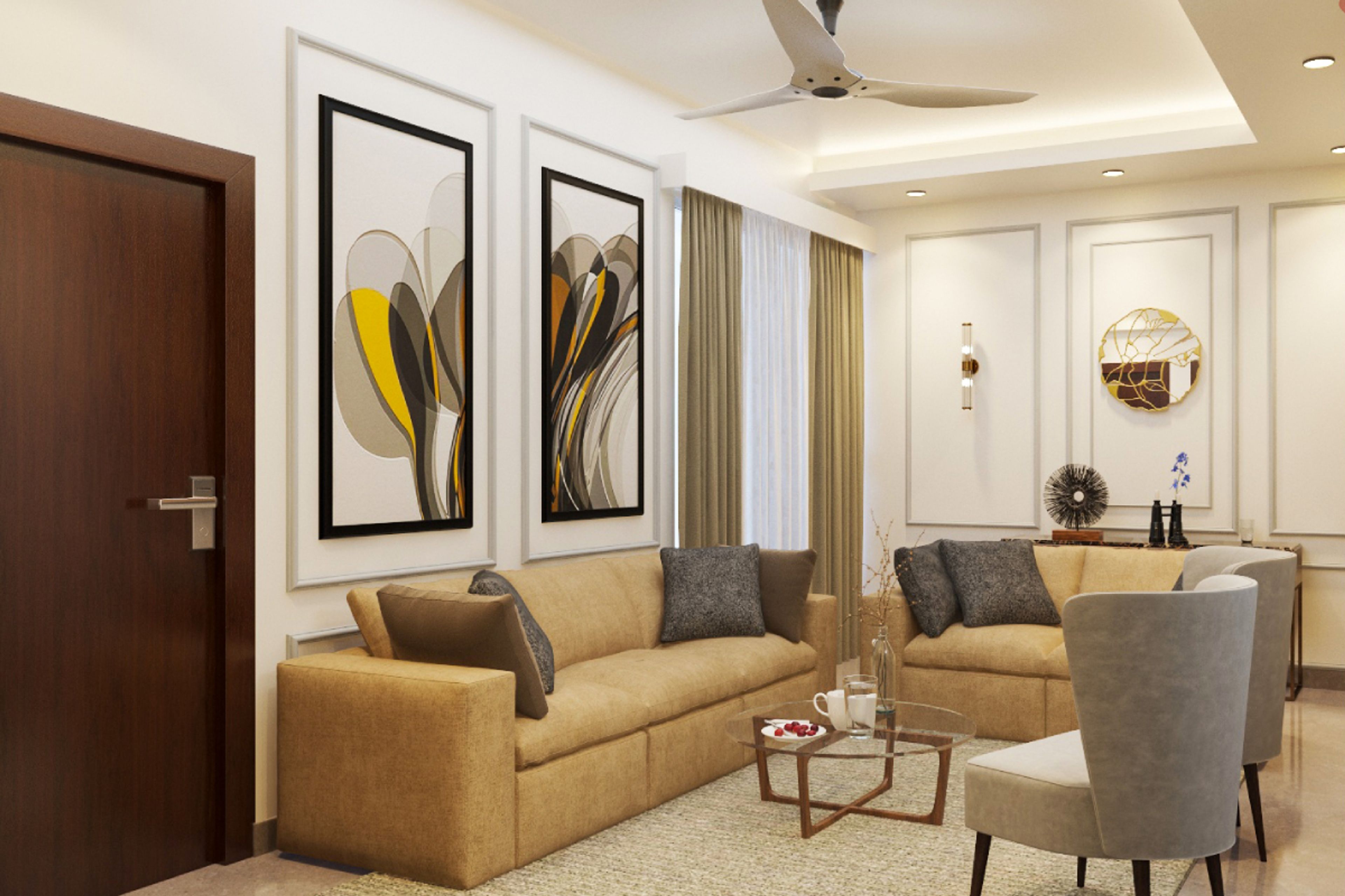 6-Seater Living Room With A Glass Center Table - Livspace