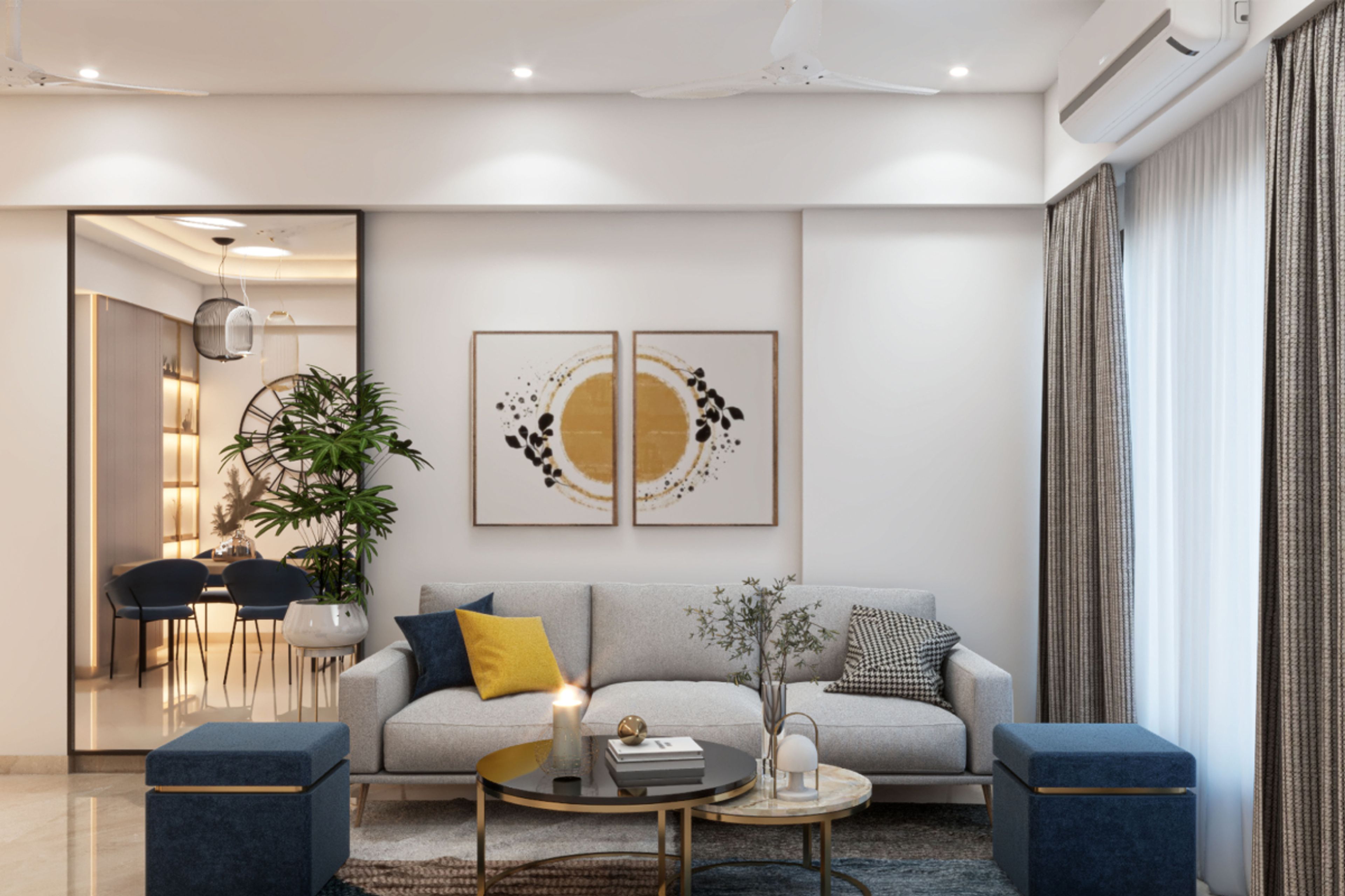 Living Room Design With A 3-Seater Sofa And Pouffes - Livspace