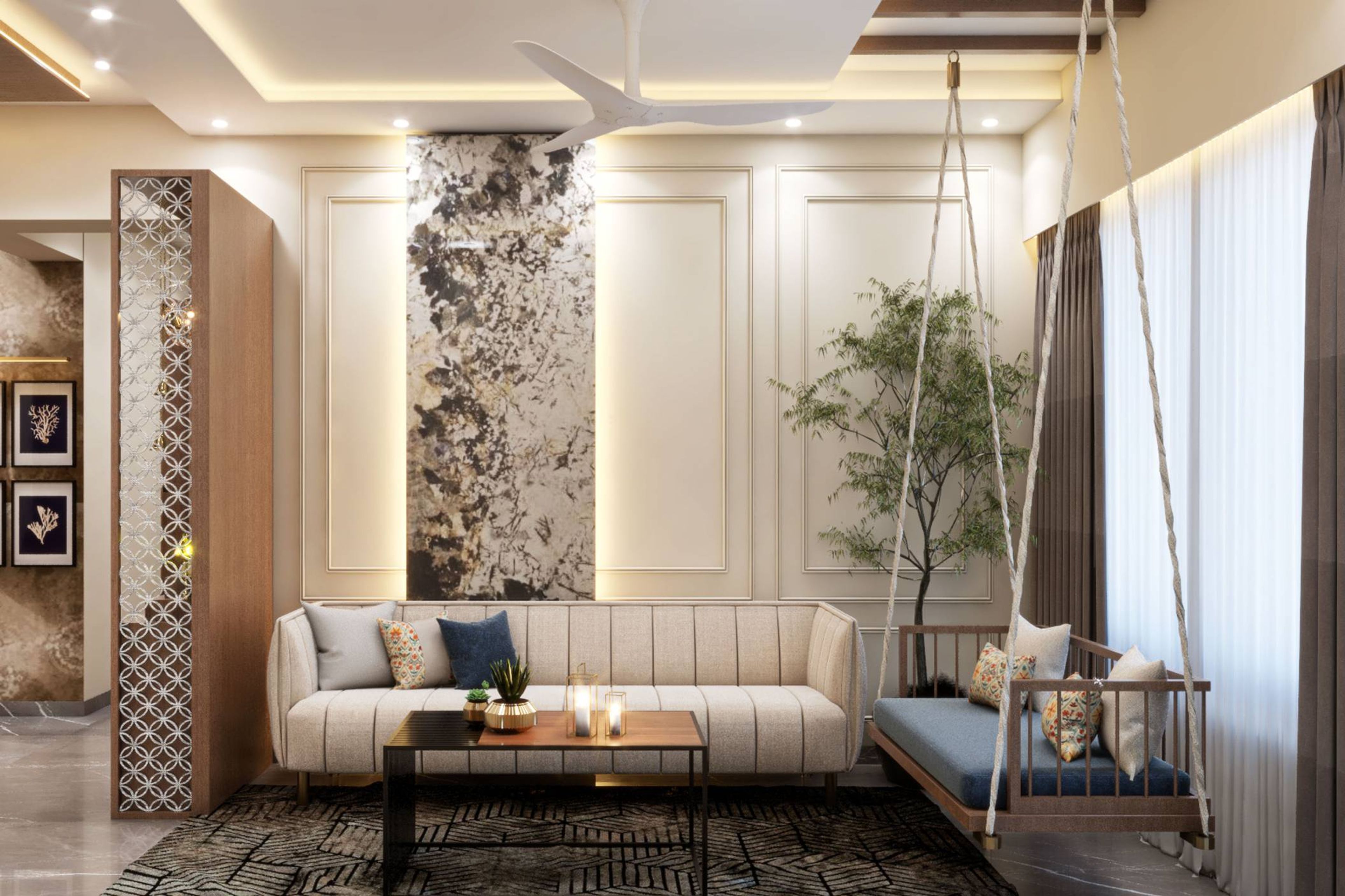 Living Room Design With An Off White Sofa And A Metallic Center Table - Livspace