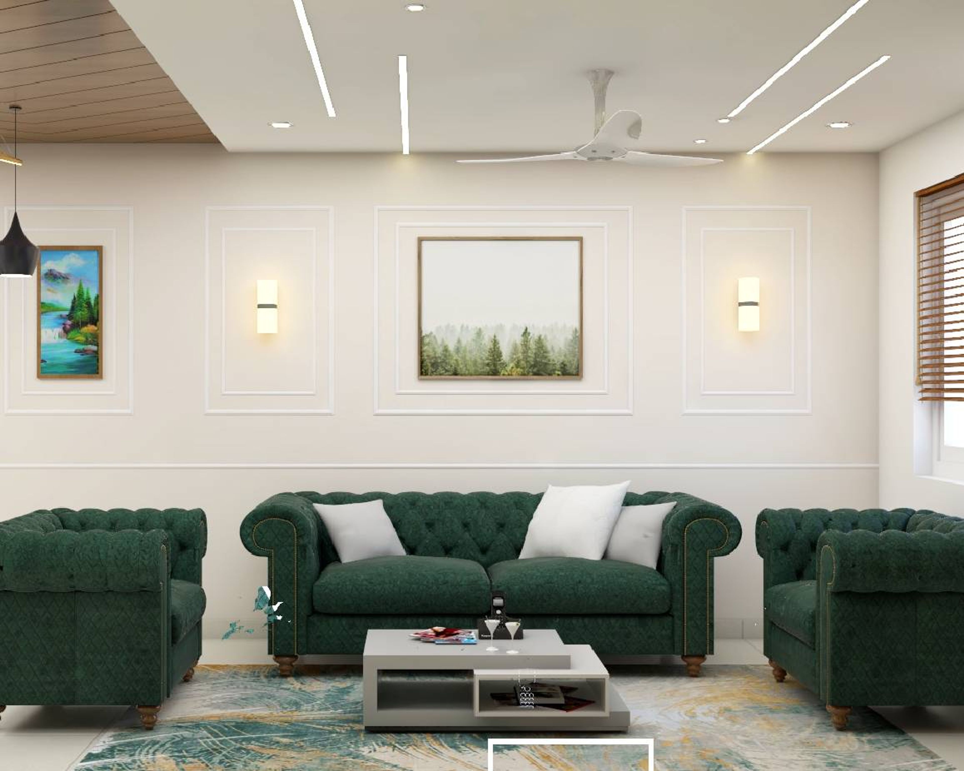 Contemporary Living Room Design With Dark Green Upholstery