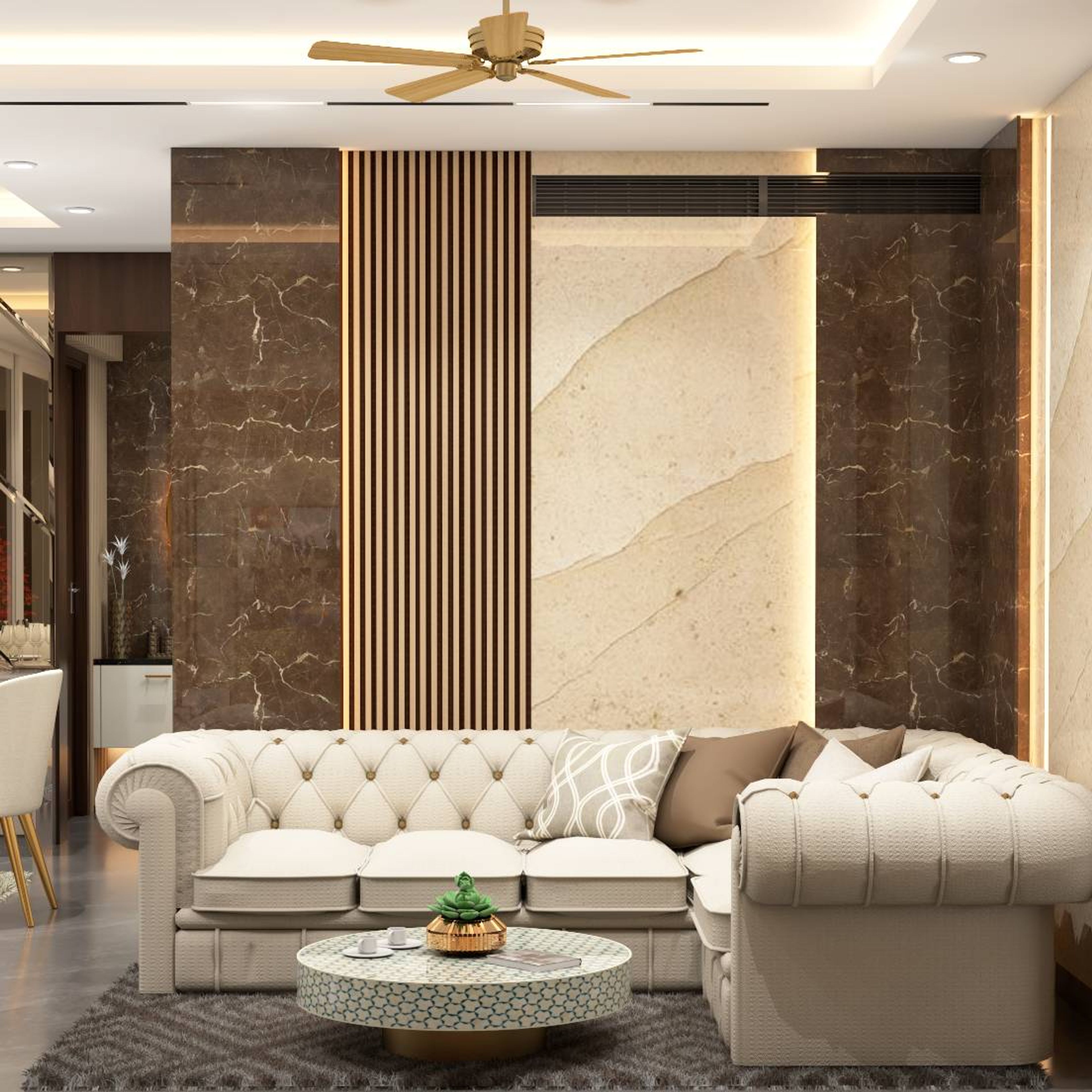 Living Room Design With A White L-Shaped Sofa And Round Coffee Table - Livspace