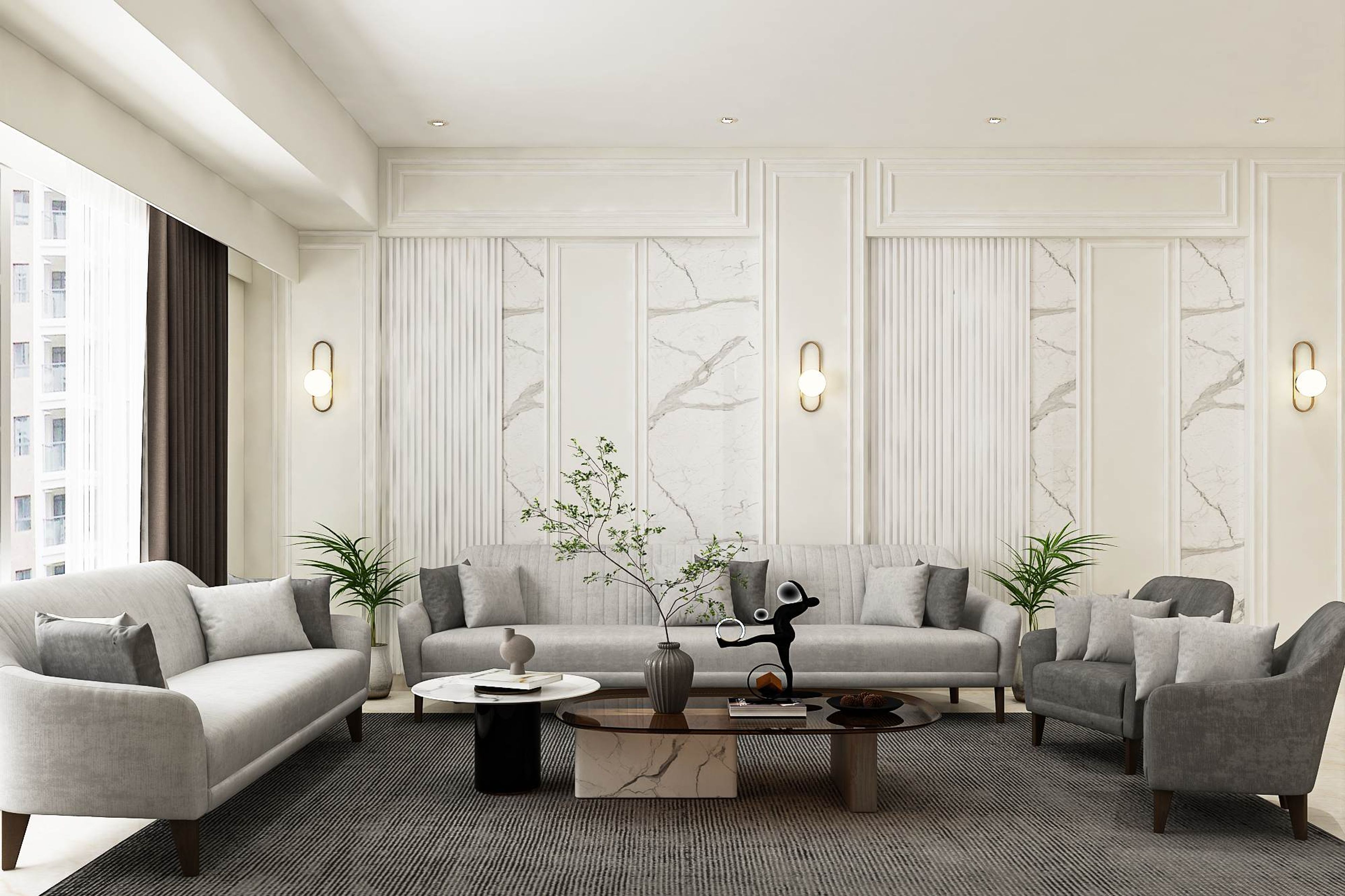 Classic Living Room Design With Grey Upholstered Sofas