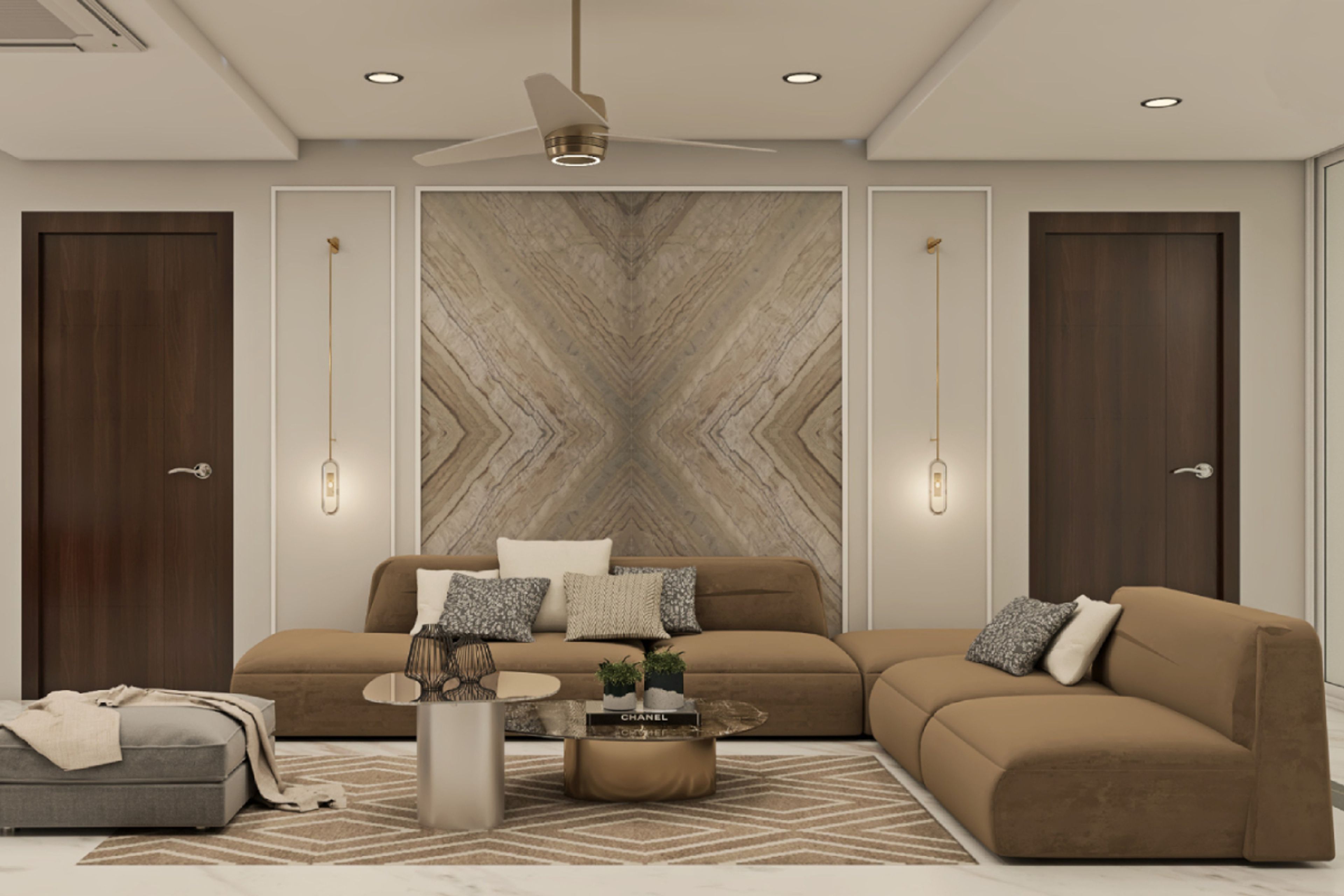 Living Room Design With An L-Shaped Sofa And An Ottoman - Livspace