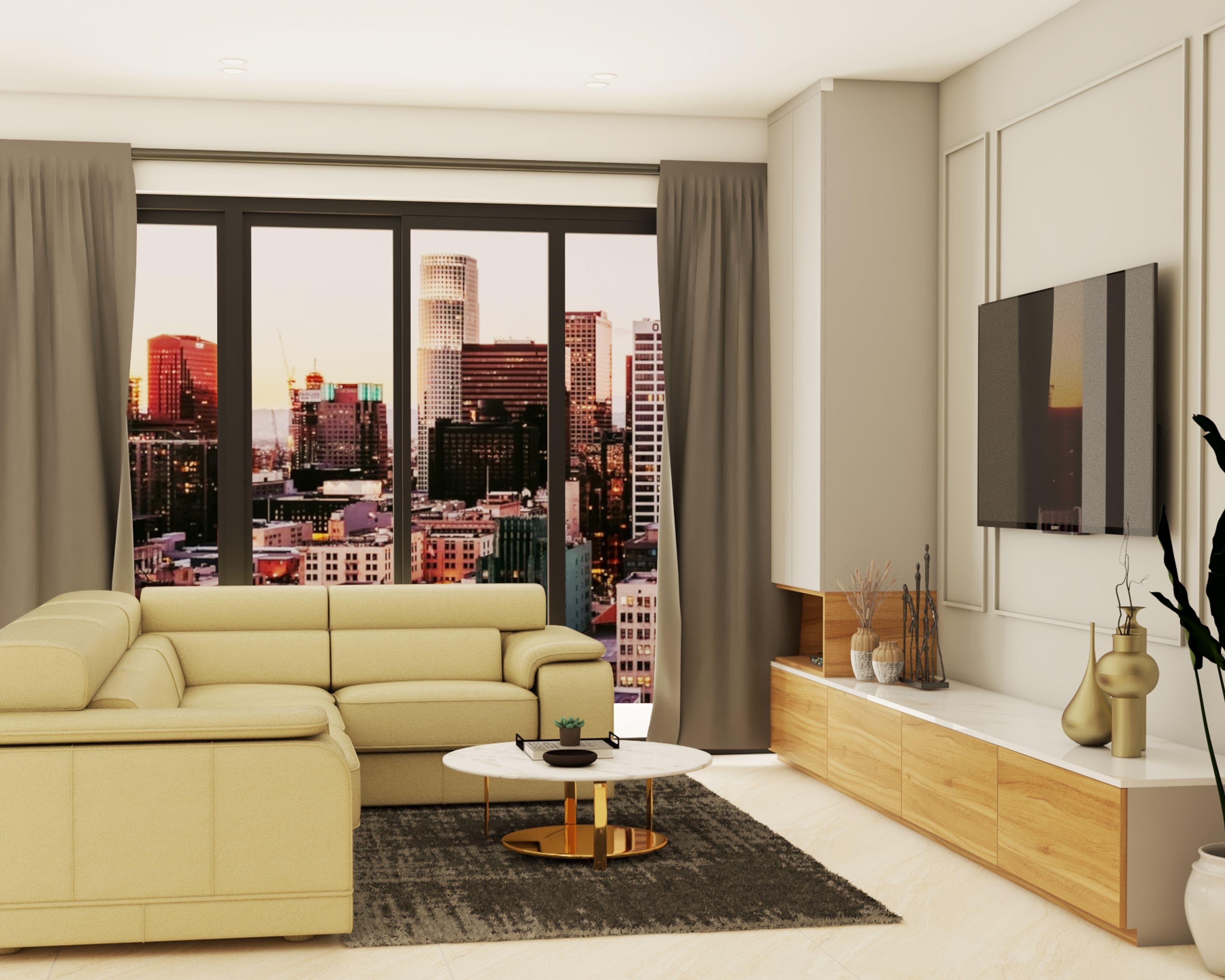 Living Room Design With An Off White Sofa - Livspace