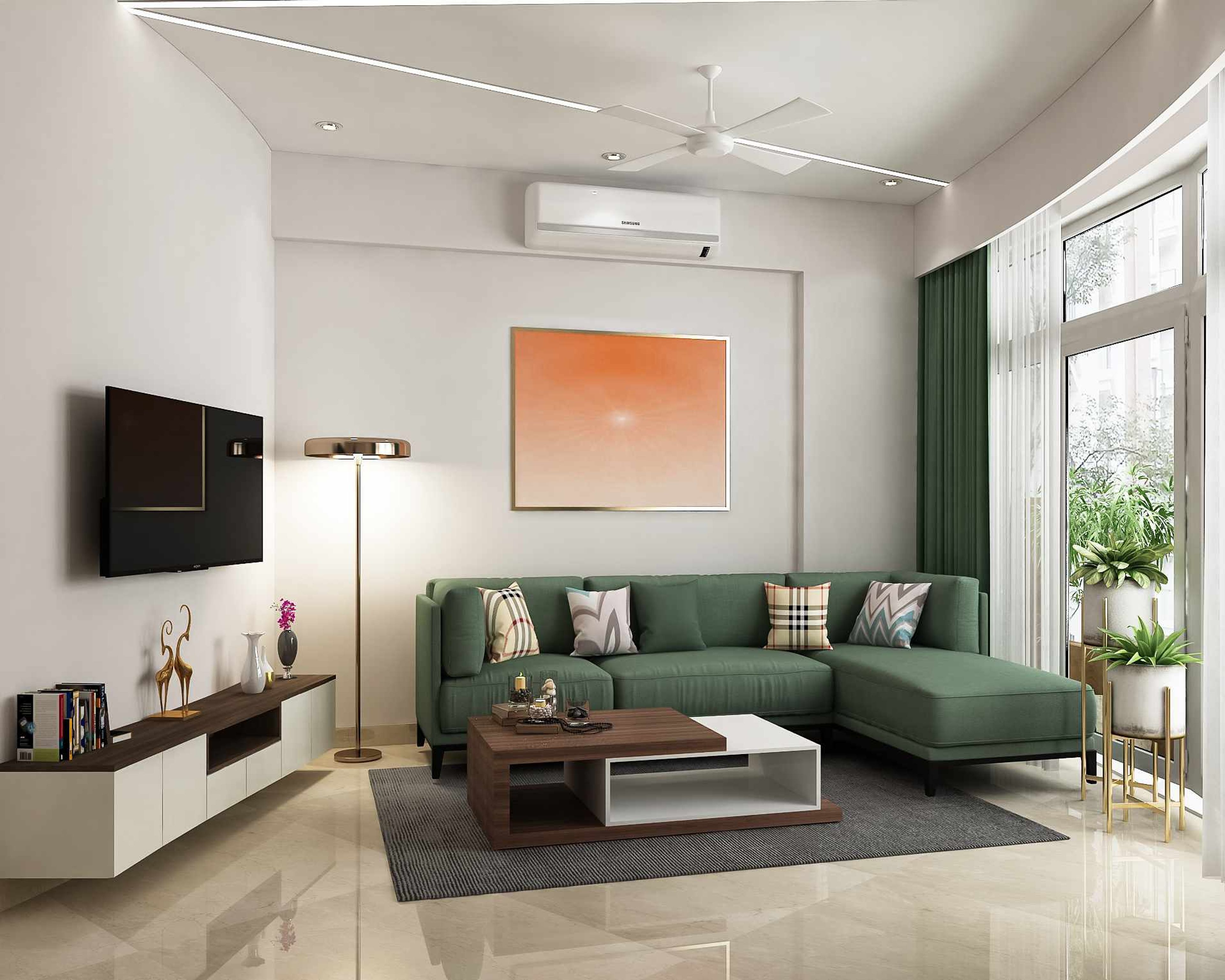 Living Room Design With A 4-Seater Green Sofa And Indoor Plants - Livspace