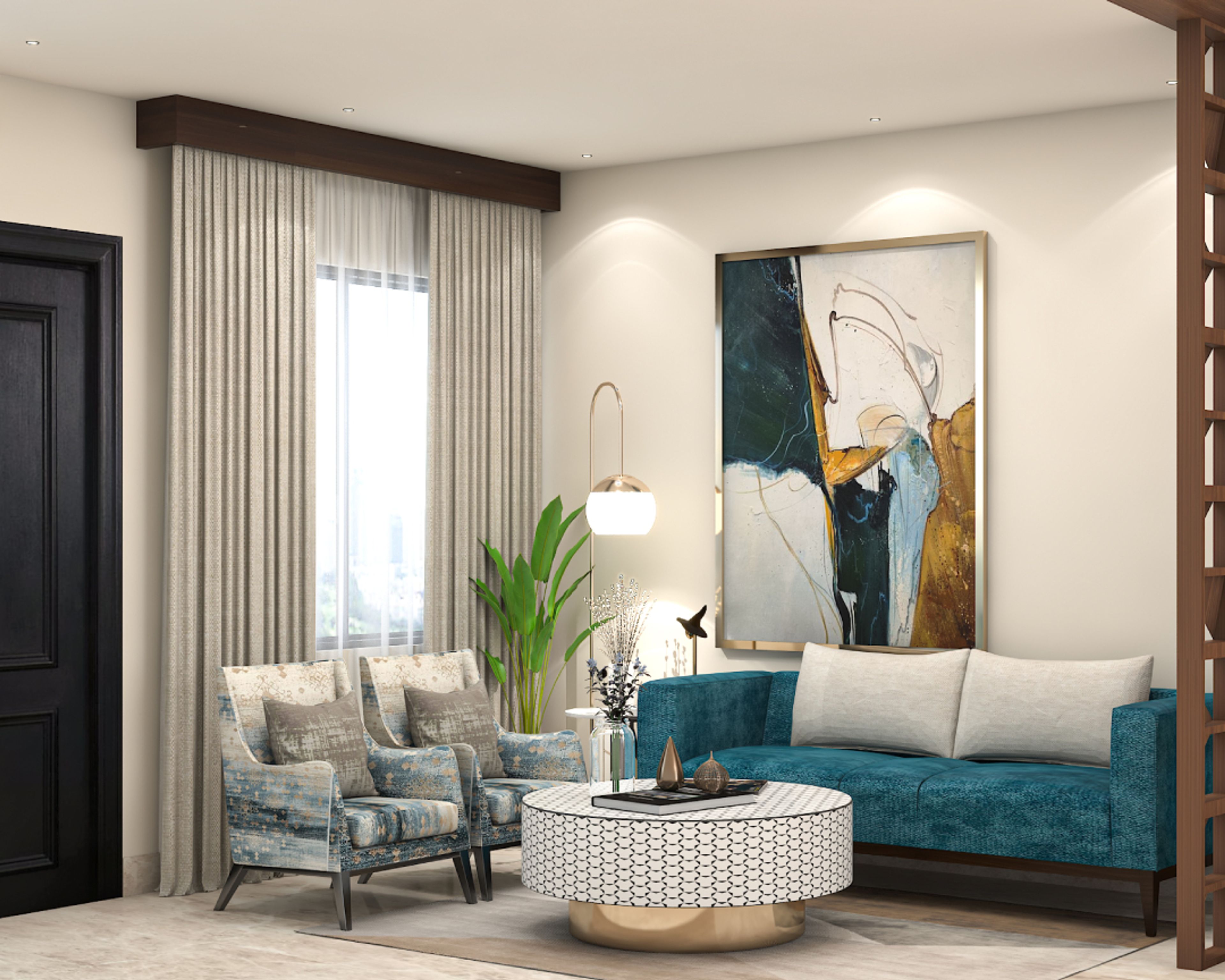 Contemporary Living Room Design With A Blue Velvet Sofa
