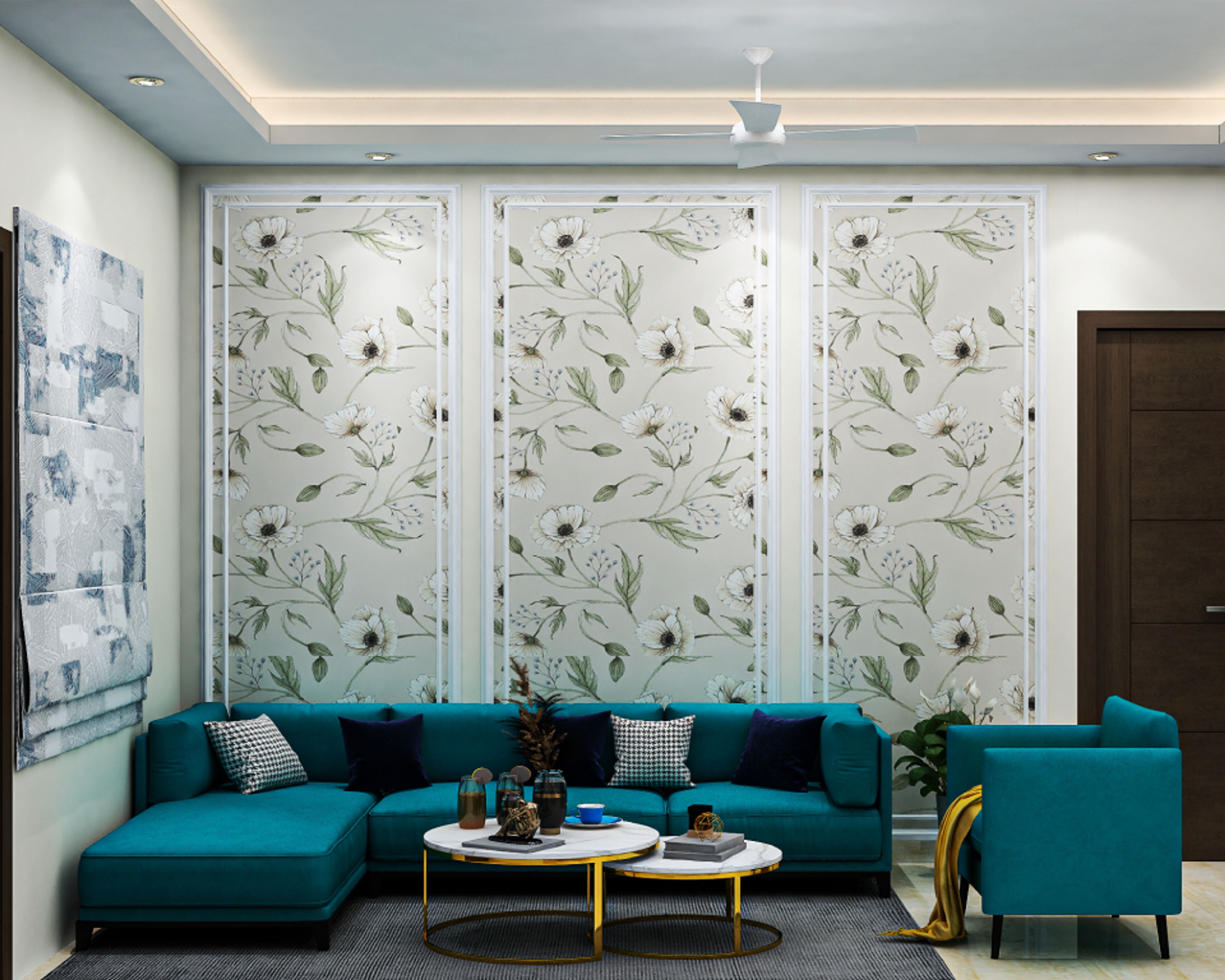 White And Blue Living Room Design - Livspace