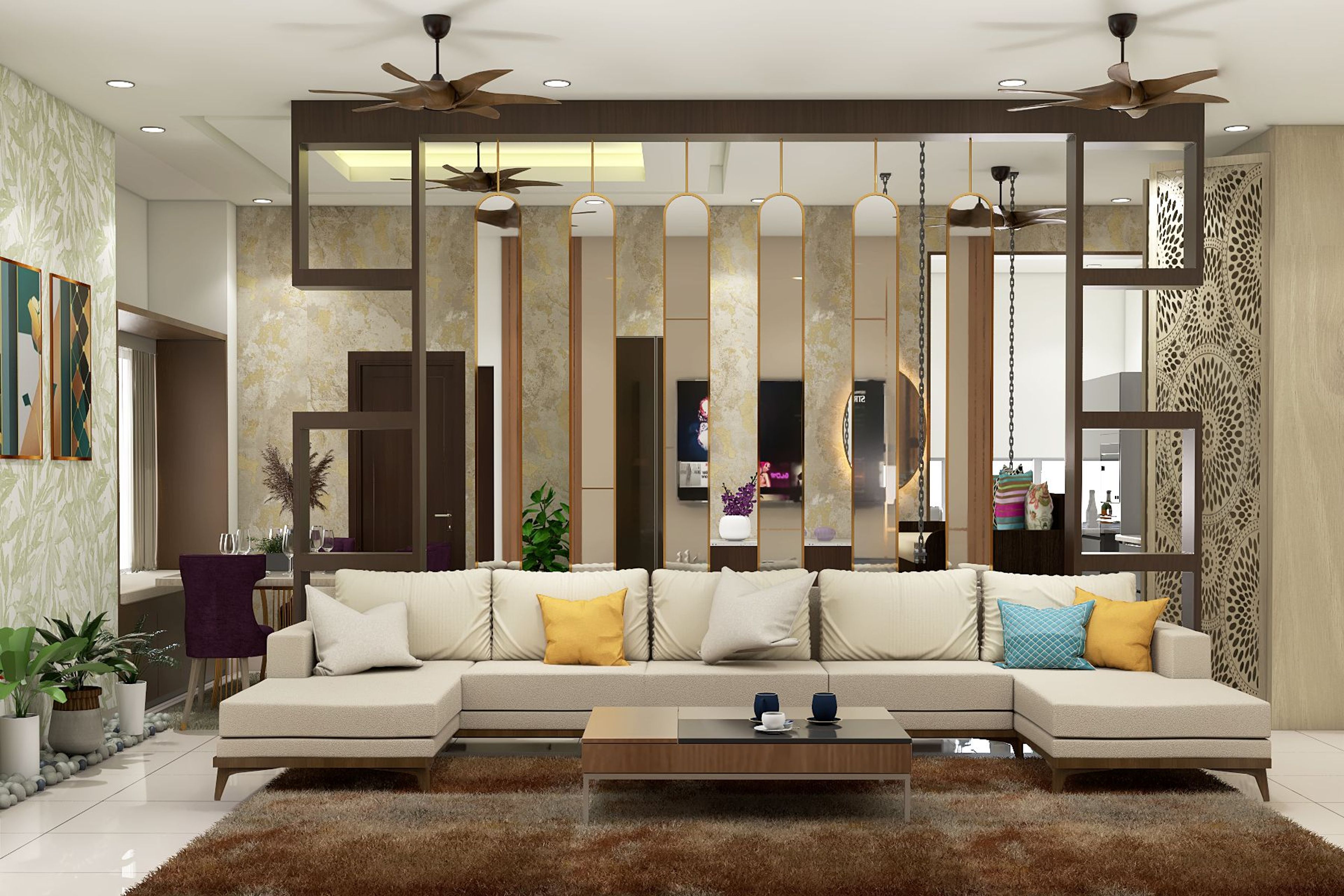 Contemporary Living Room Design With A Cream U-Shaped Sofa