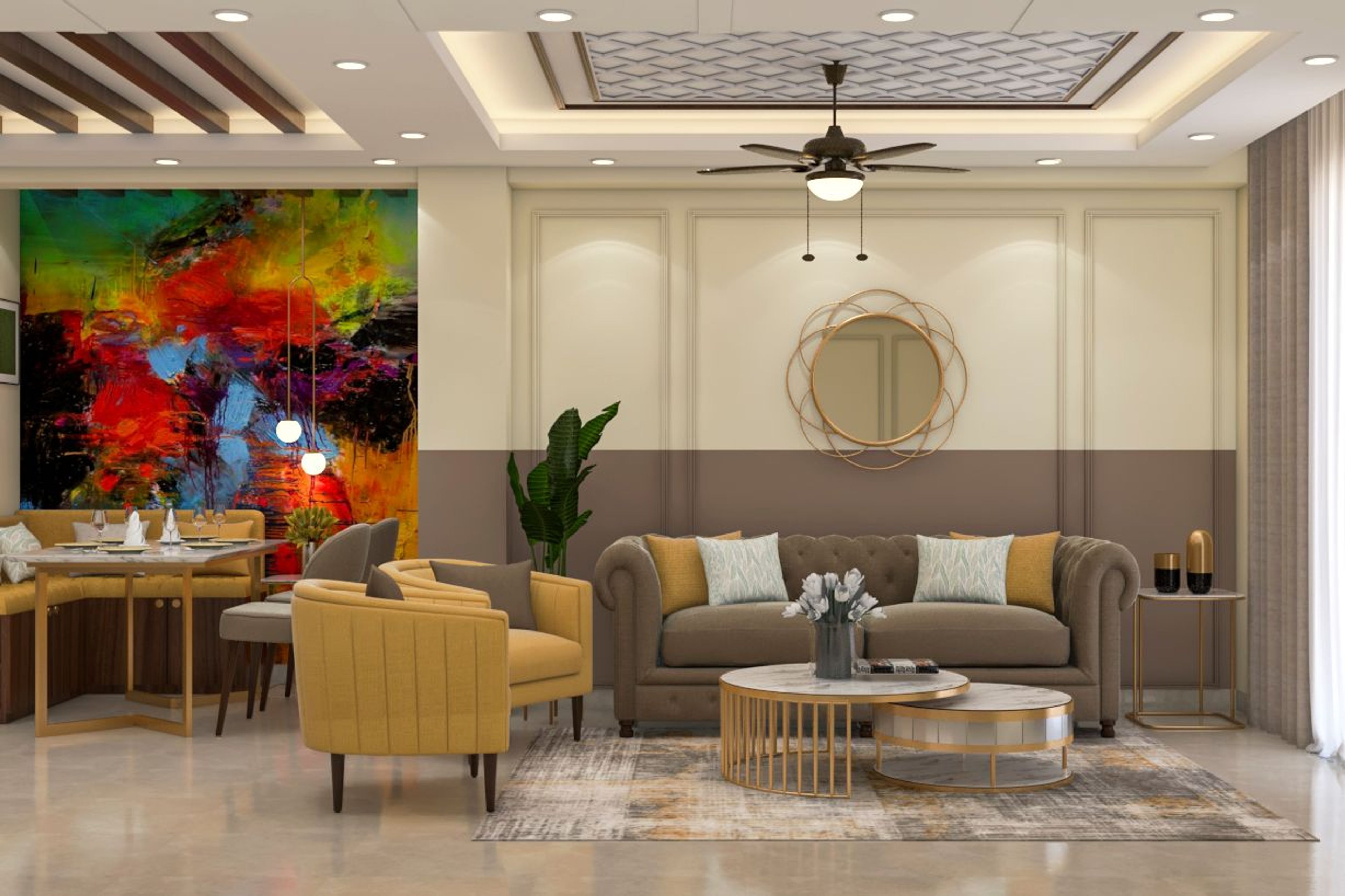 Contemporary Living Room Design With Brown Chesterfield Sofa